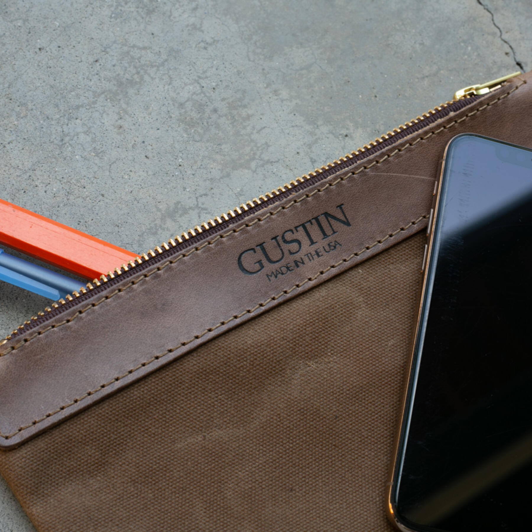 gustin brown waxed canvas utility pouch - small