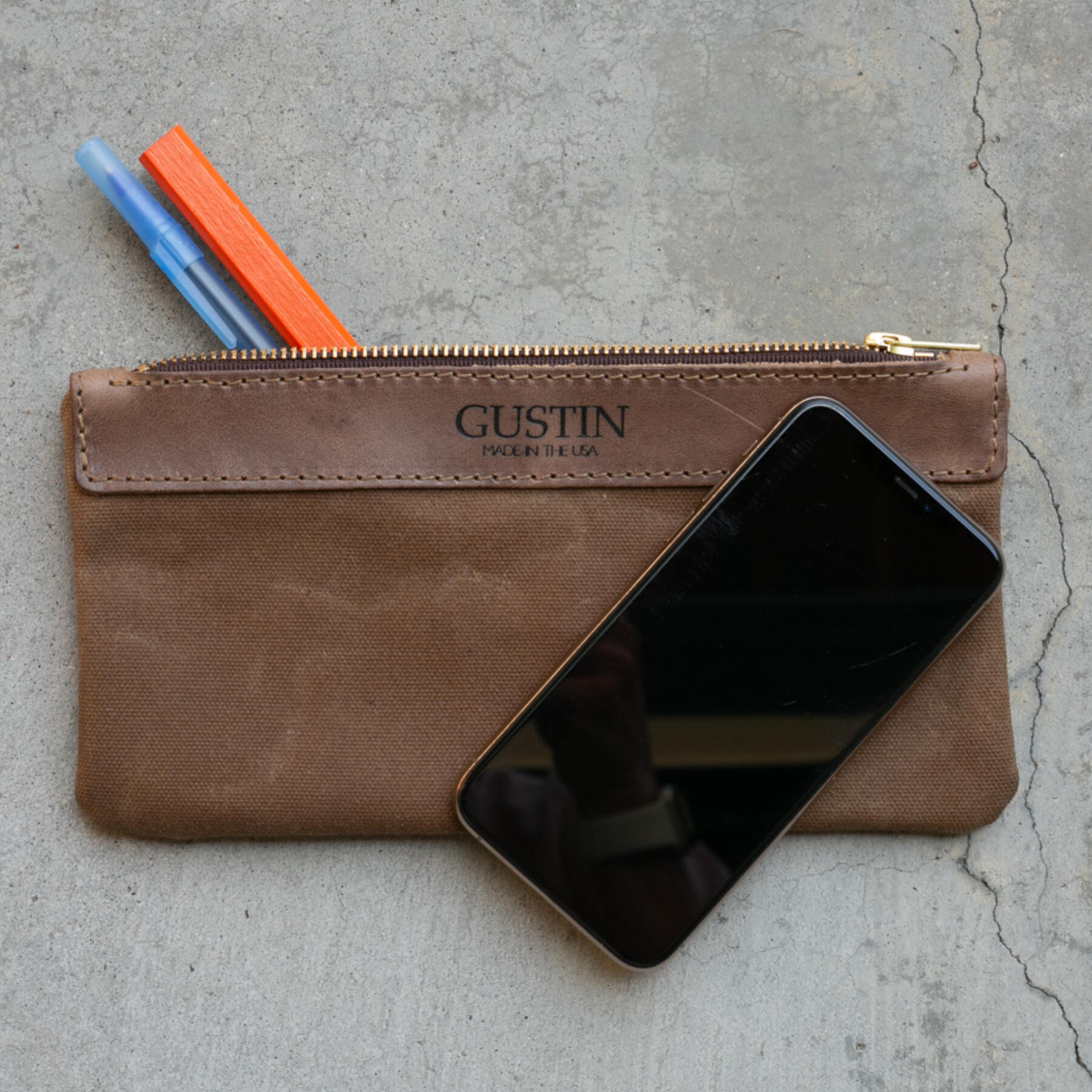 gustin brown waxed canvas utility pouch - small