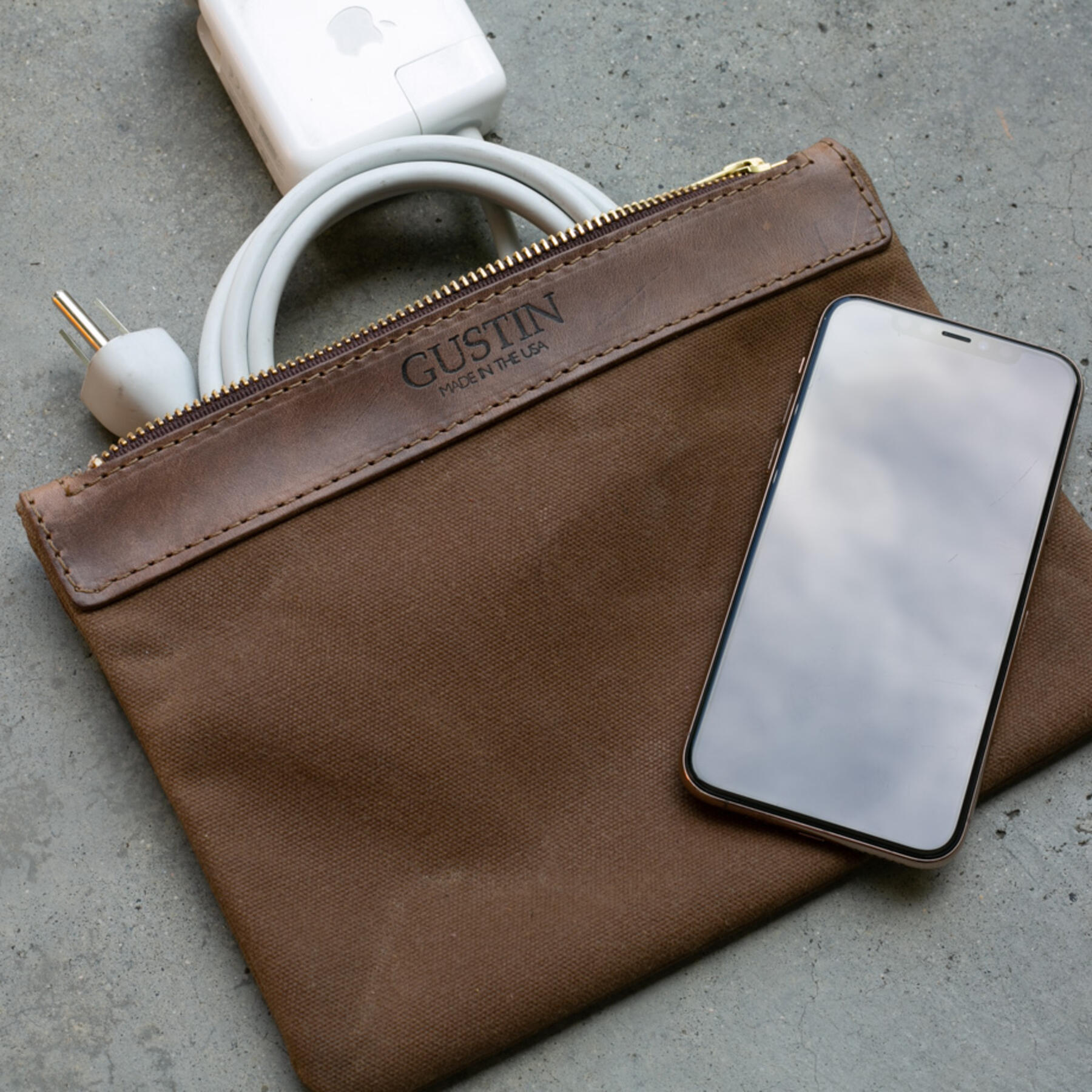 gustin brown waxed canvas utility pouch - large