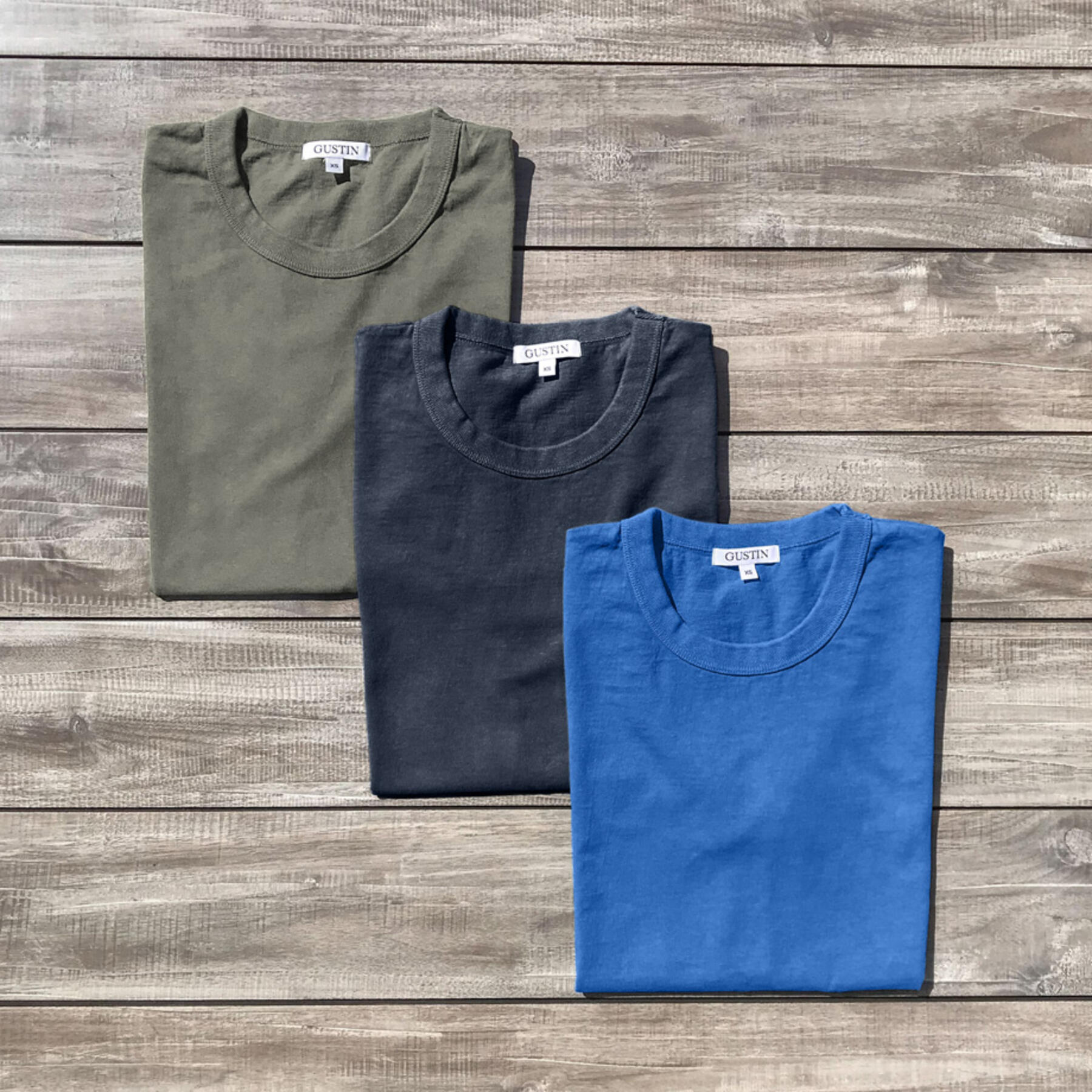 gustin heavyweight pigment dye t-shirt 3 pack (moss, shallow blue, coal)