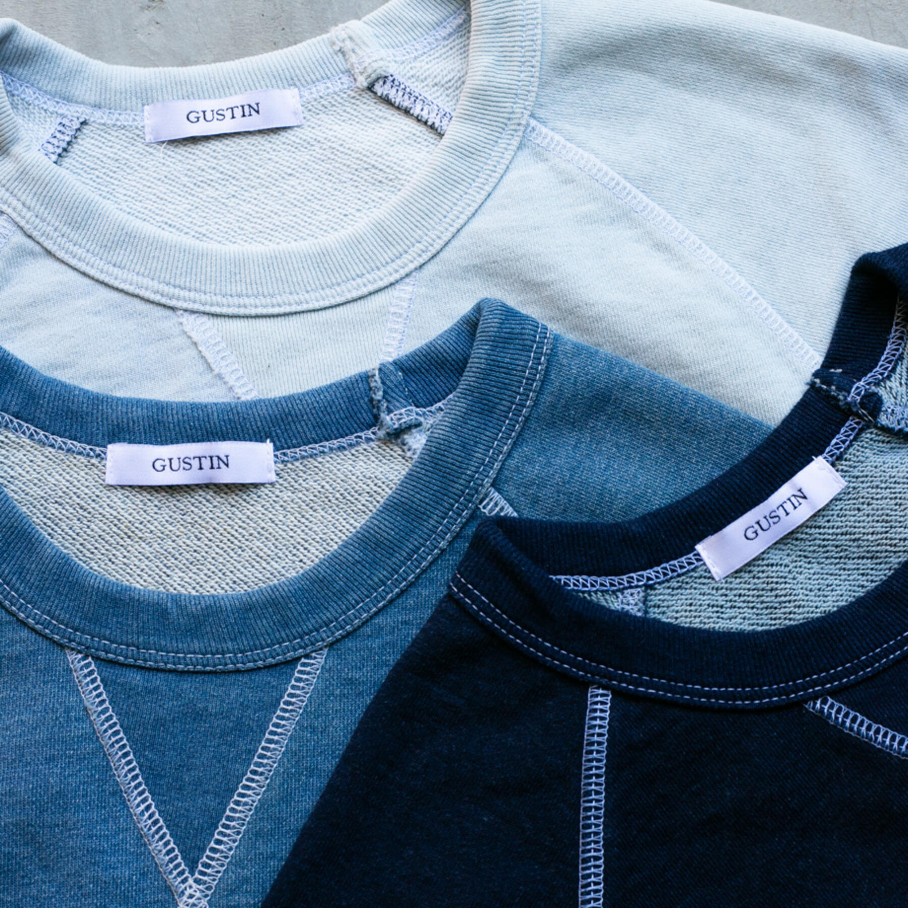 gustin indigo dyed white stitch sweatshirt 3 pack
