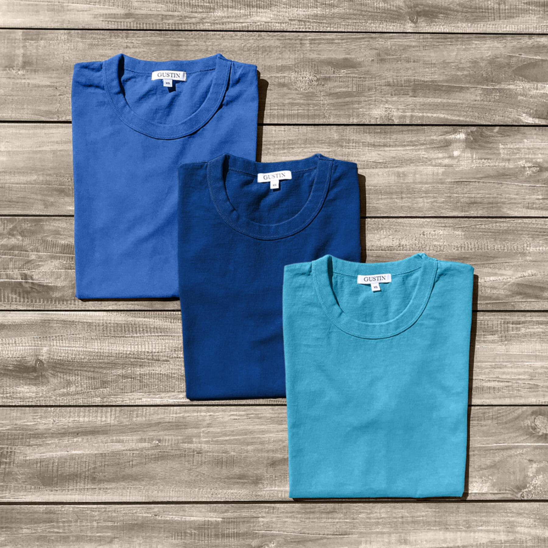 gustin heavyweight pigment dye t-shirt blues collection