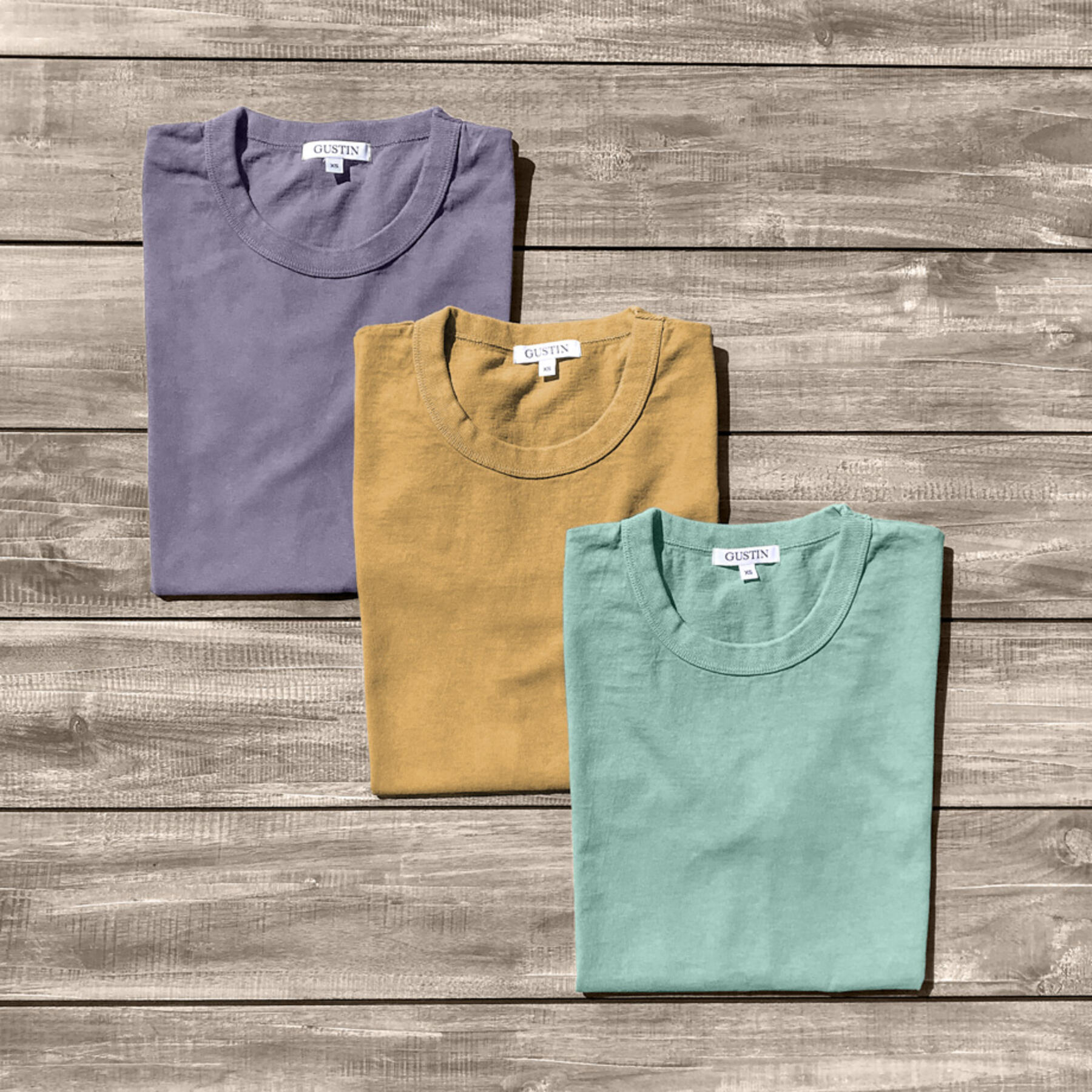 gustin heavyweight pigment dye t-shirt 3 pack (faded purple, faded camel, faded green)