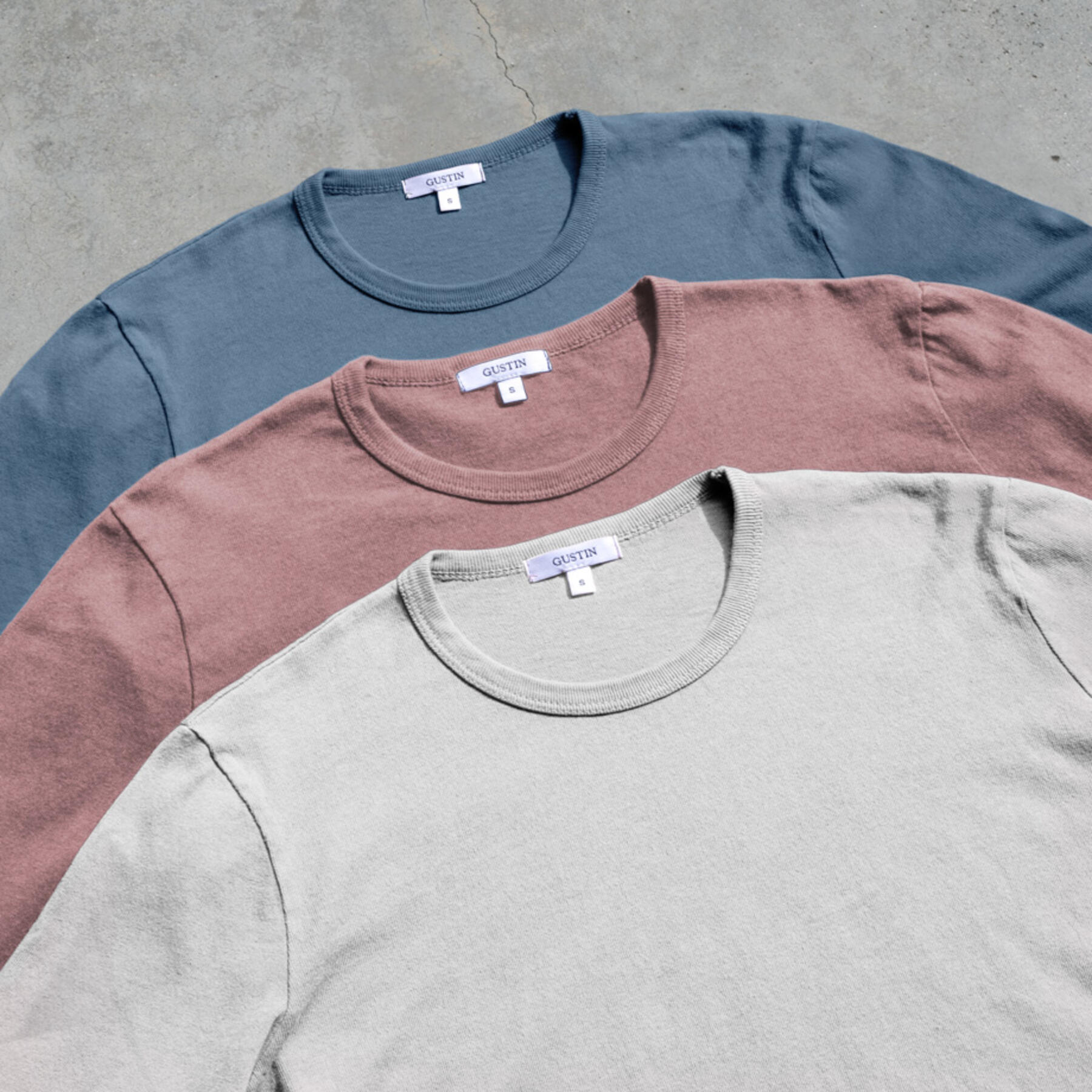 gustin long sleeve heavyweight pigment dye t-shirt 3 pack (oatmeal, faded rose, ocean)