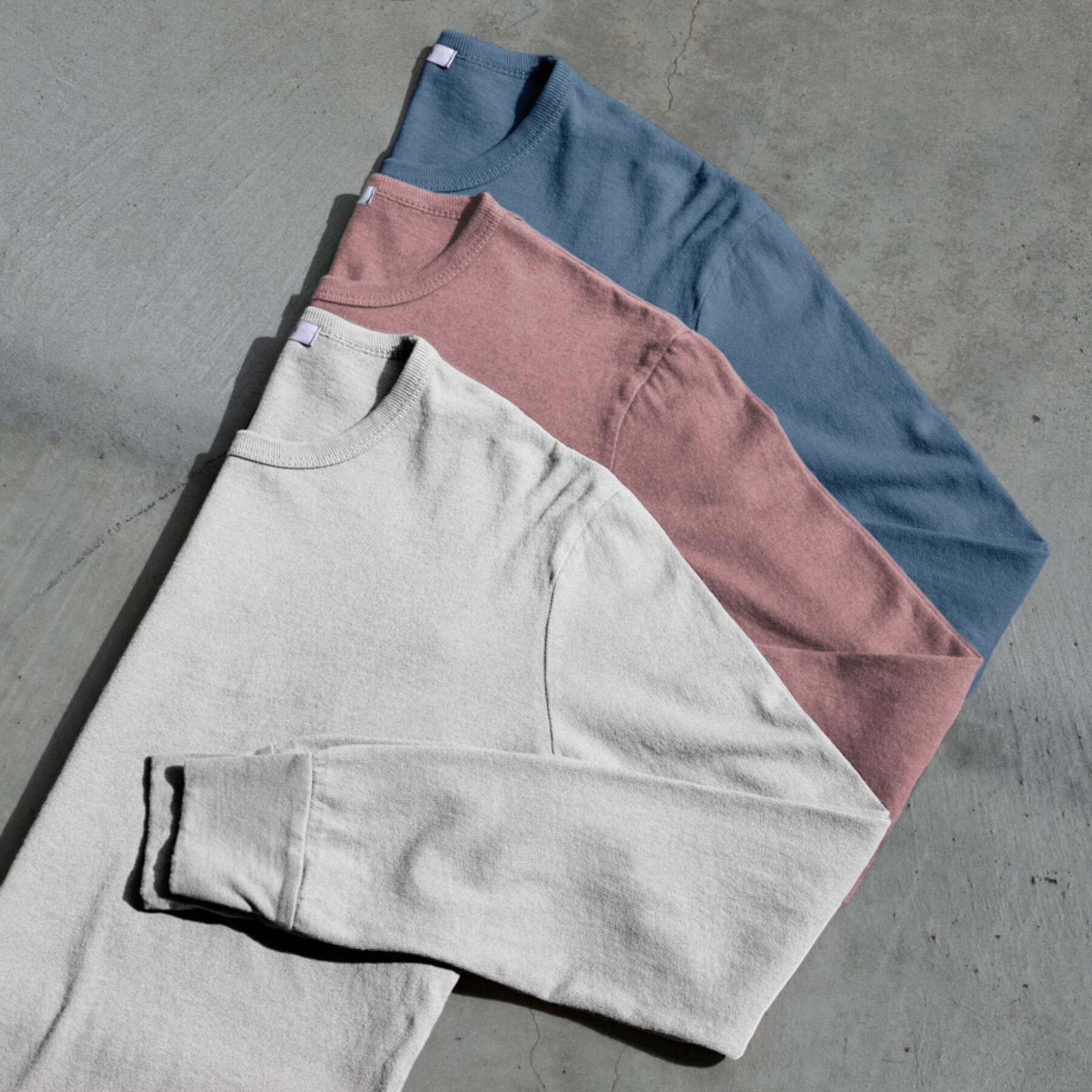 gustin long sleeve heavyweight pigment dye t-shirt 3 pack (oatmeal, faded rose, ocean)