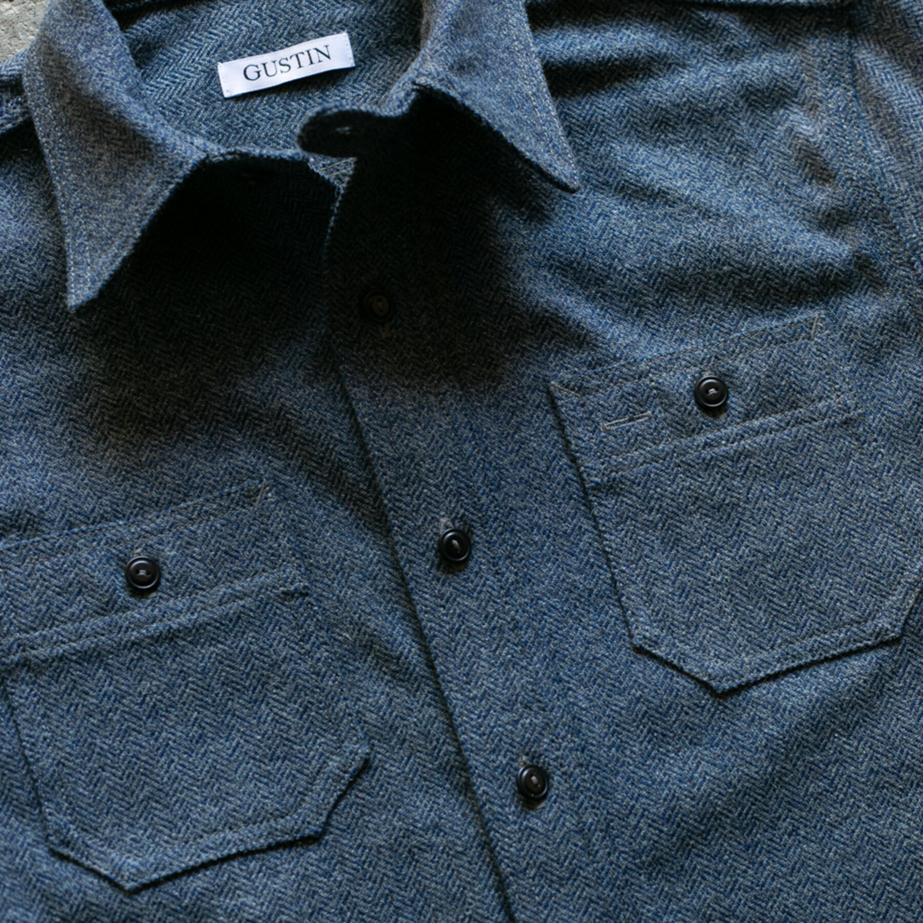 gustin #62 postal blue indigo wool herringbone workshirt