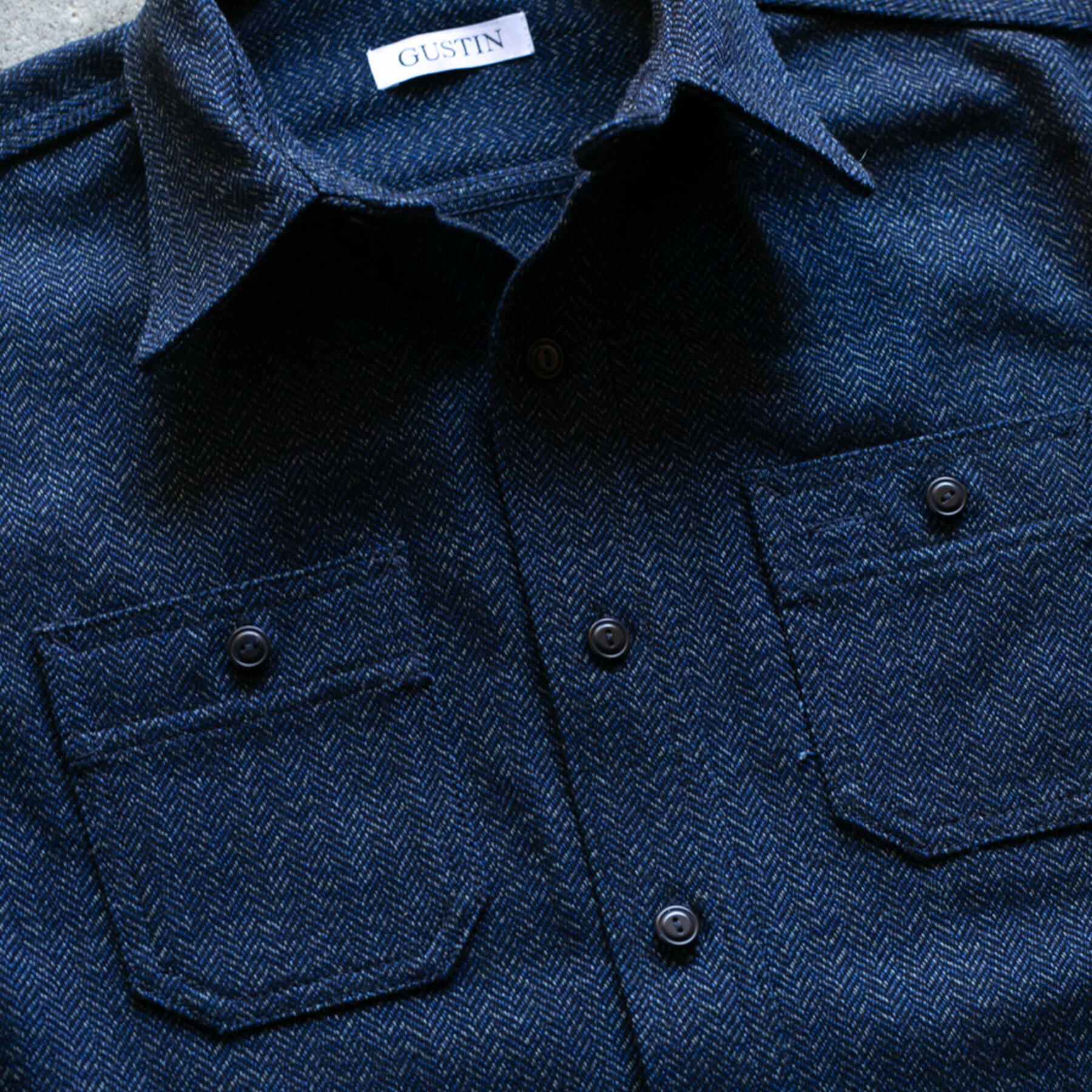 gustin #61 dark heather indigo wool herringbone workshirt
