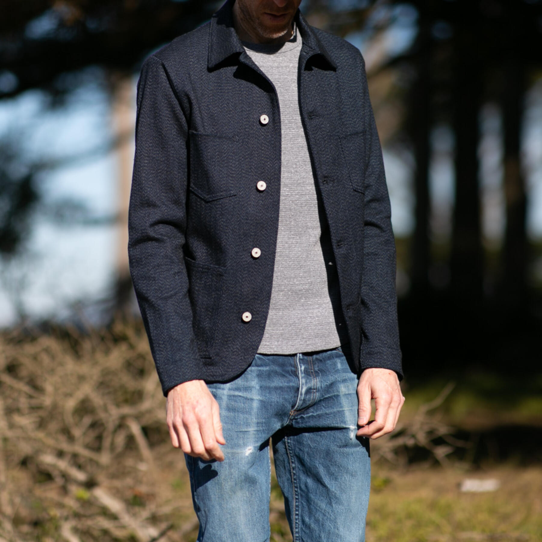 gustin #11 engineer jacket - indigo wool herringbone dark heather
