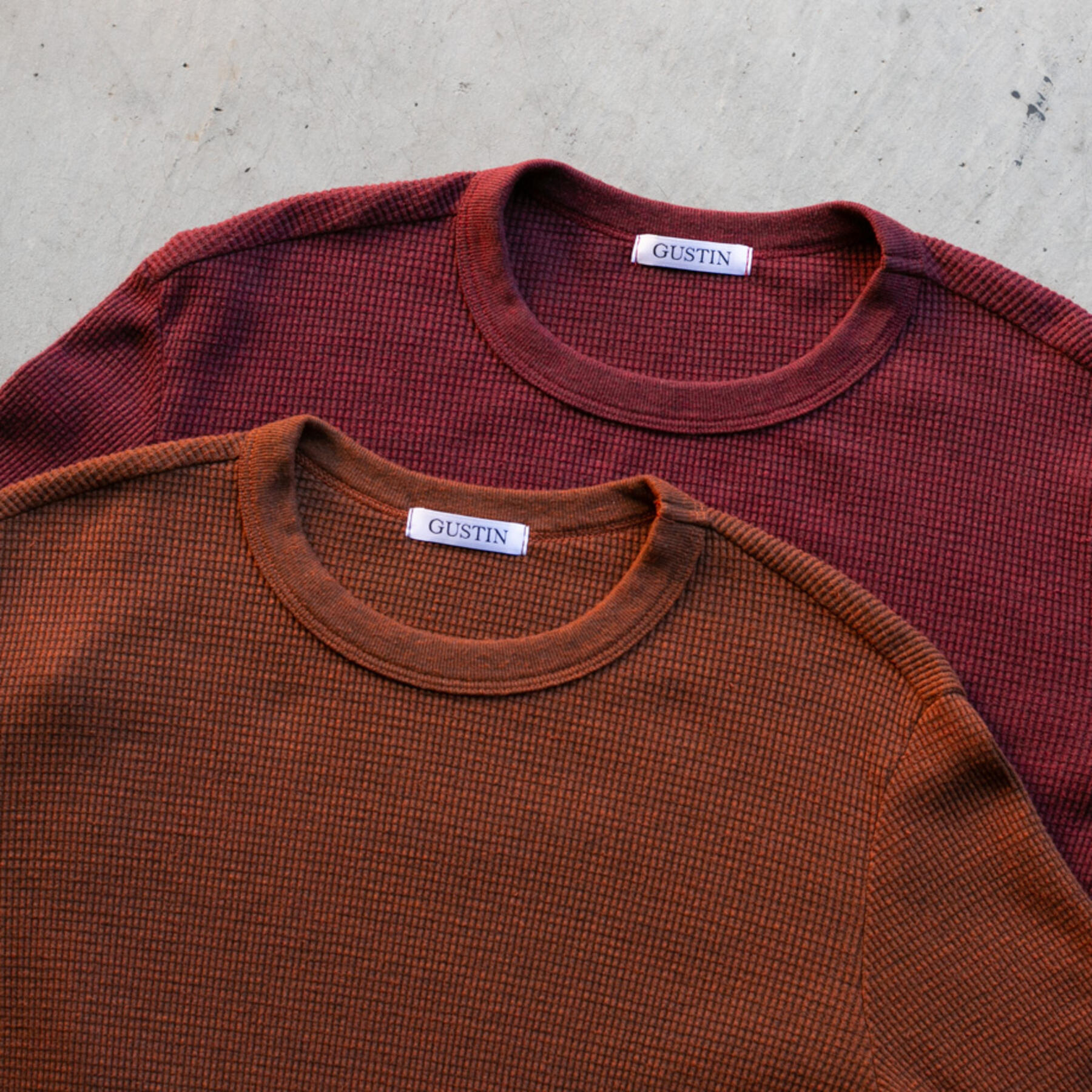 gustin waffle crewneck 2 pack (burnt orange, deep red)