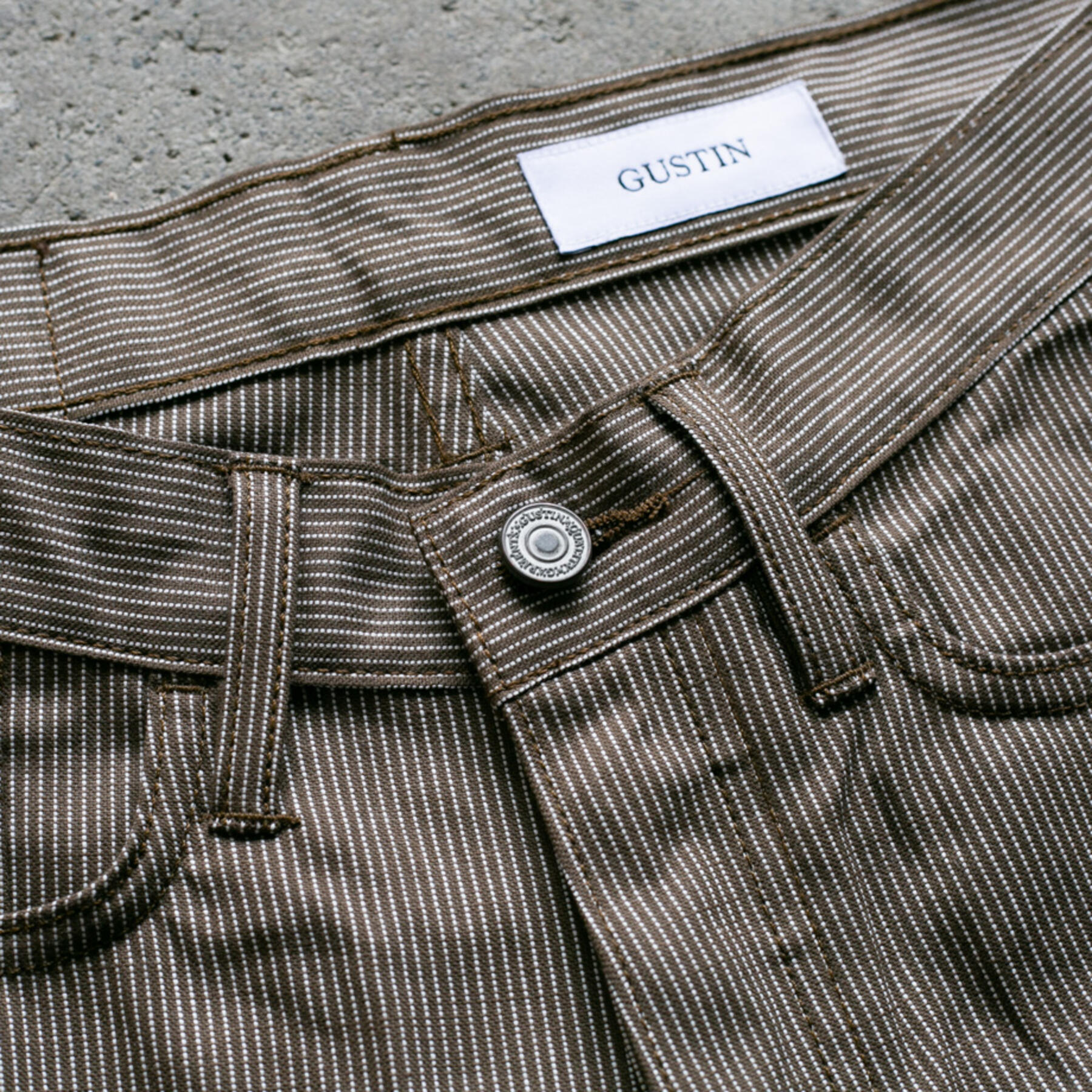 gustin #82 vintage ticking stripe 5 pocket - brown olive