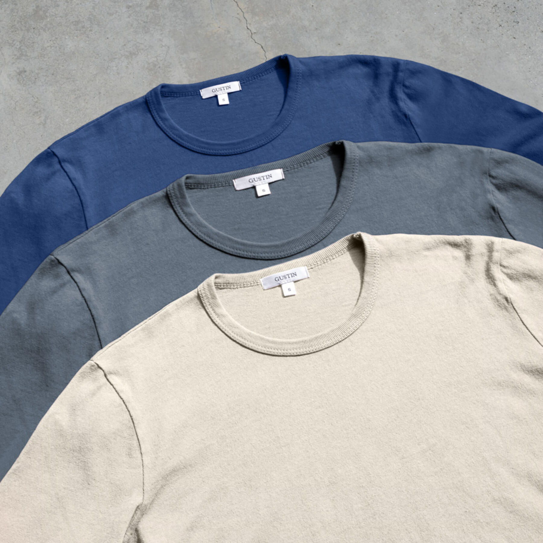 gustin long sleeve heavyweight pigment dye t-shirt 3 pack (aquamarine, faded grey, ivory)