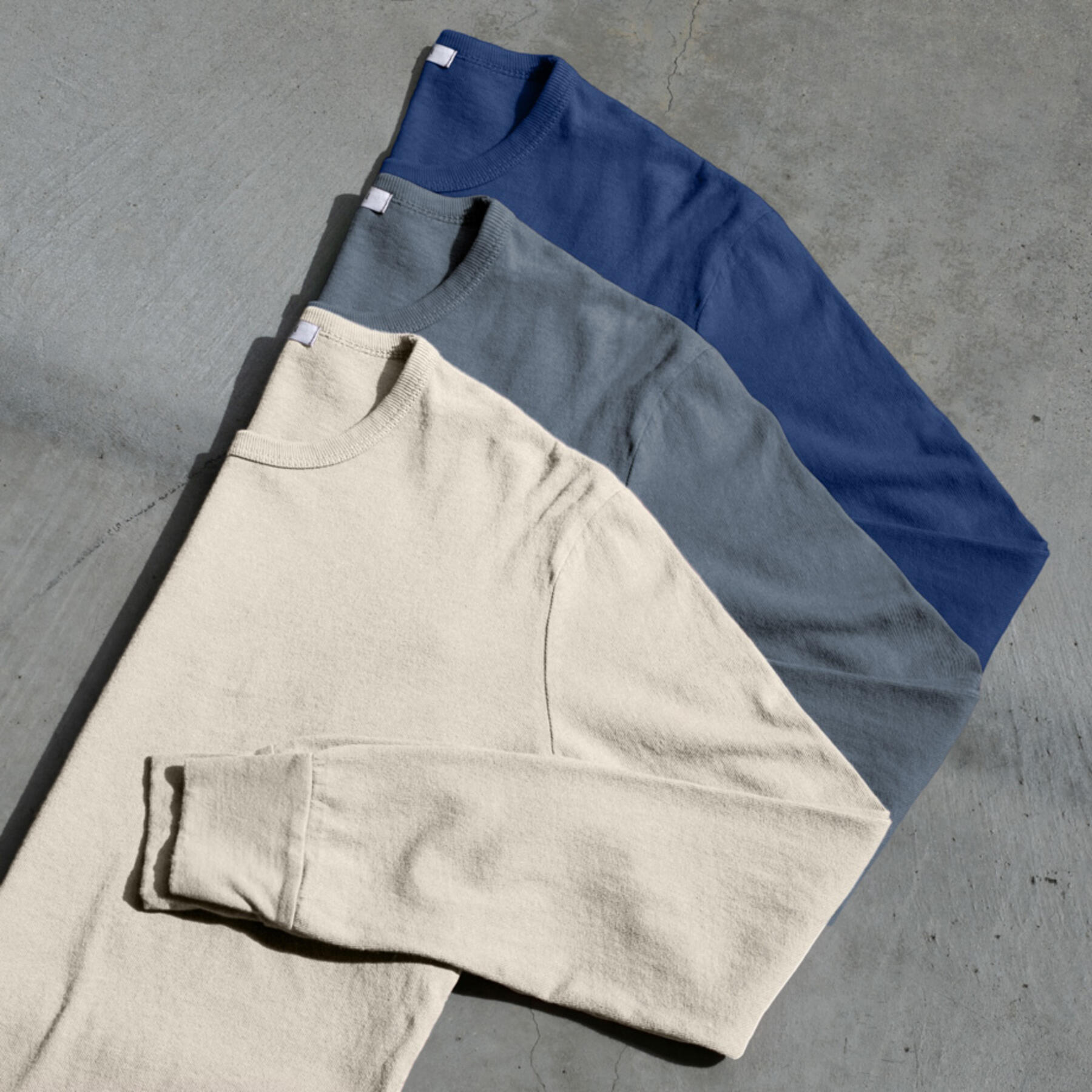 gustin long sleeve heavyweight pigment dye t-shirt 3 pack (aquamarine, faded grey, ivory)