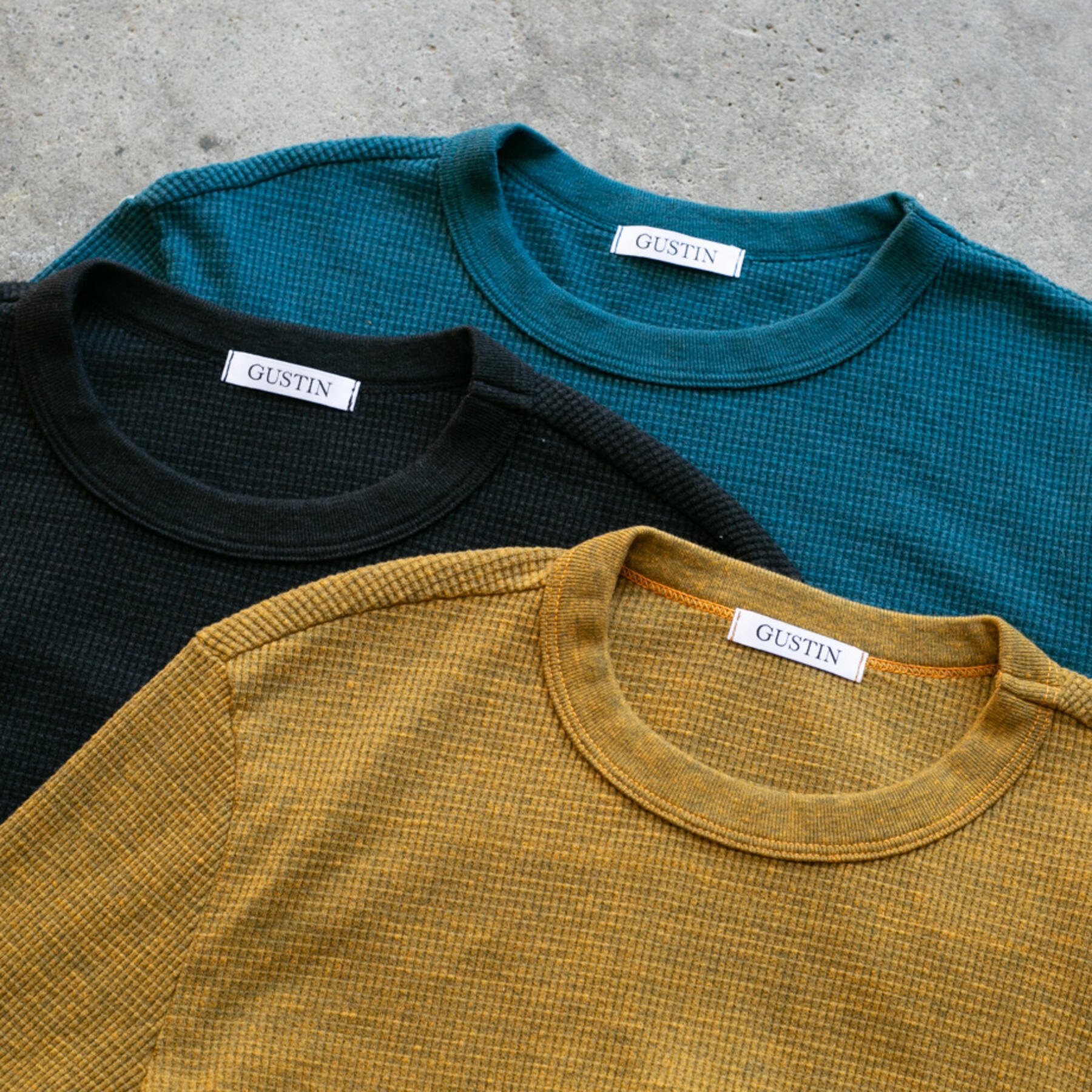 gustin waffle crewneck 3 pack (saffron, black, blue-green)
