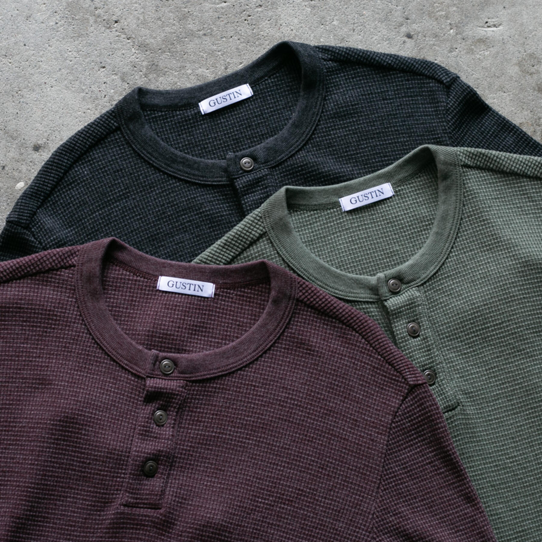 gustin waffle henley 3 pack (oxblood, charcoal, olive drab)