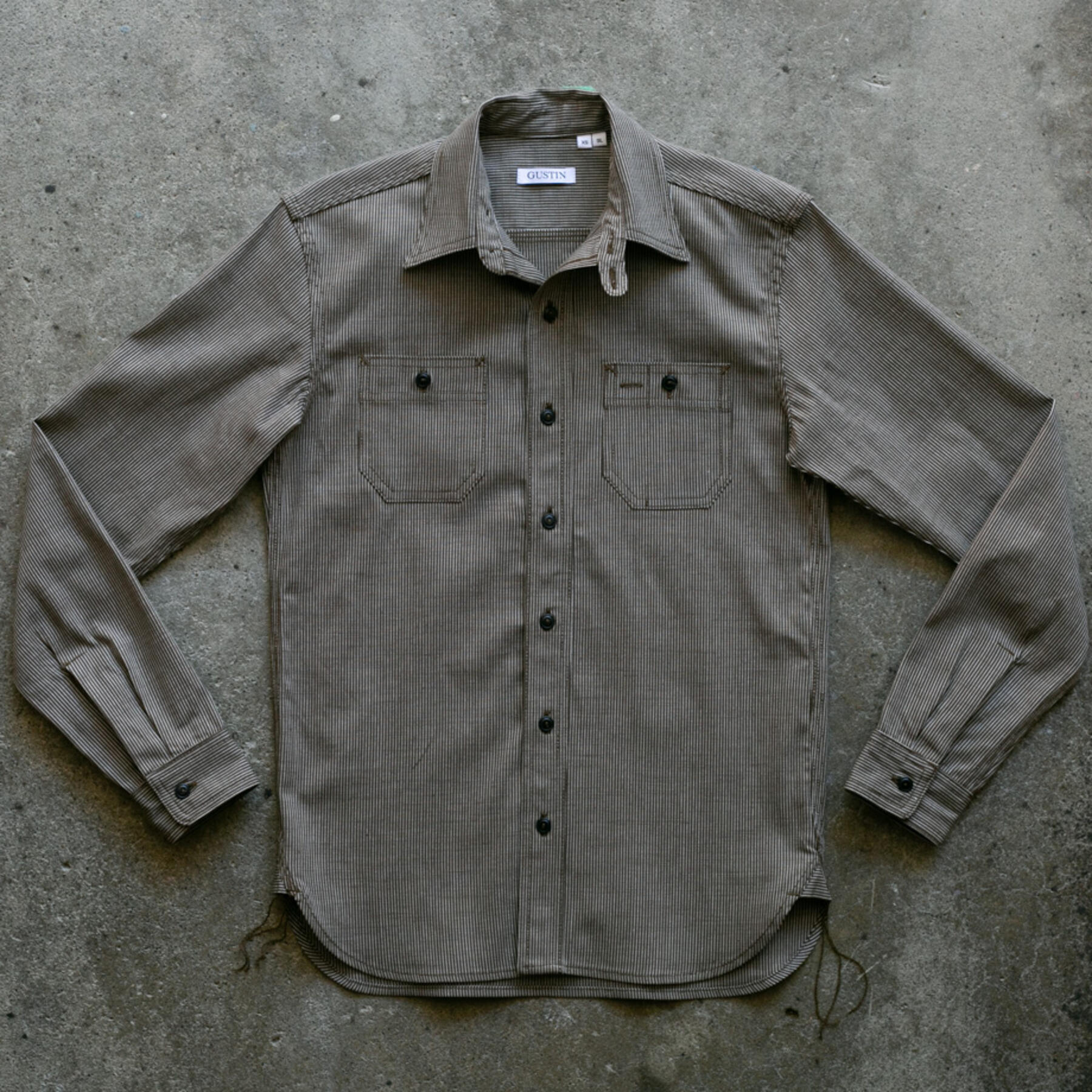 gustin #77 vintage ticking stripe workshirt - brown olive