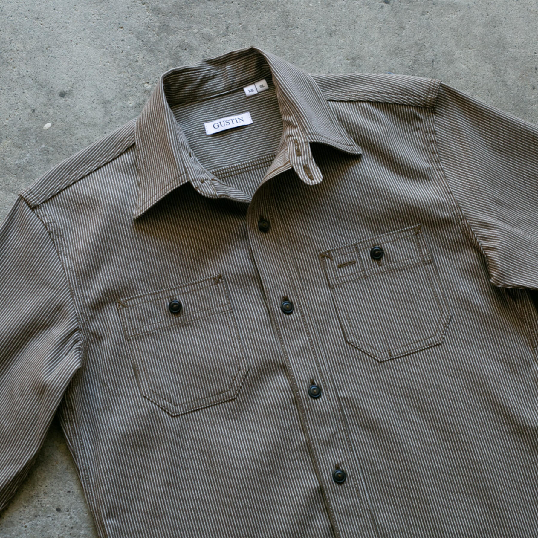 gustin #77 vintage ticking stripe workshirt - brown olive