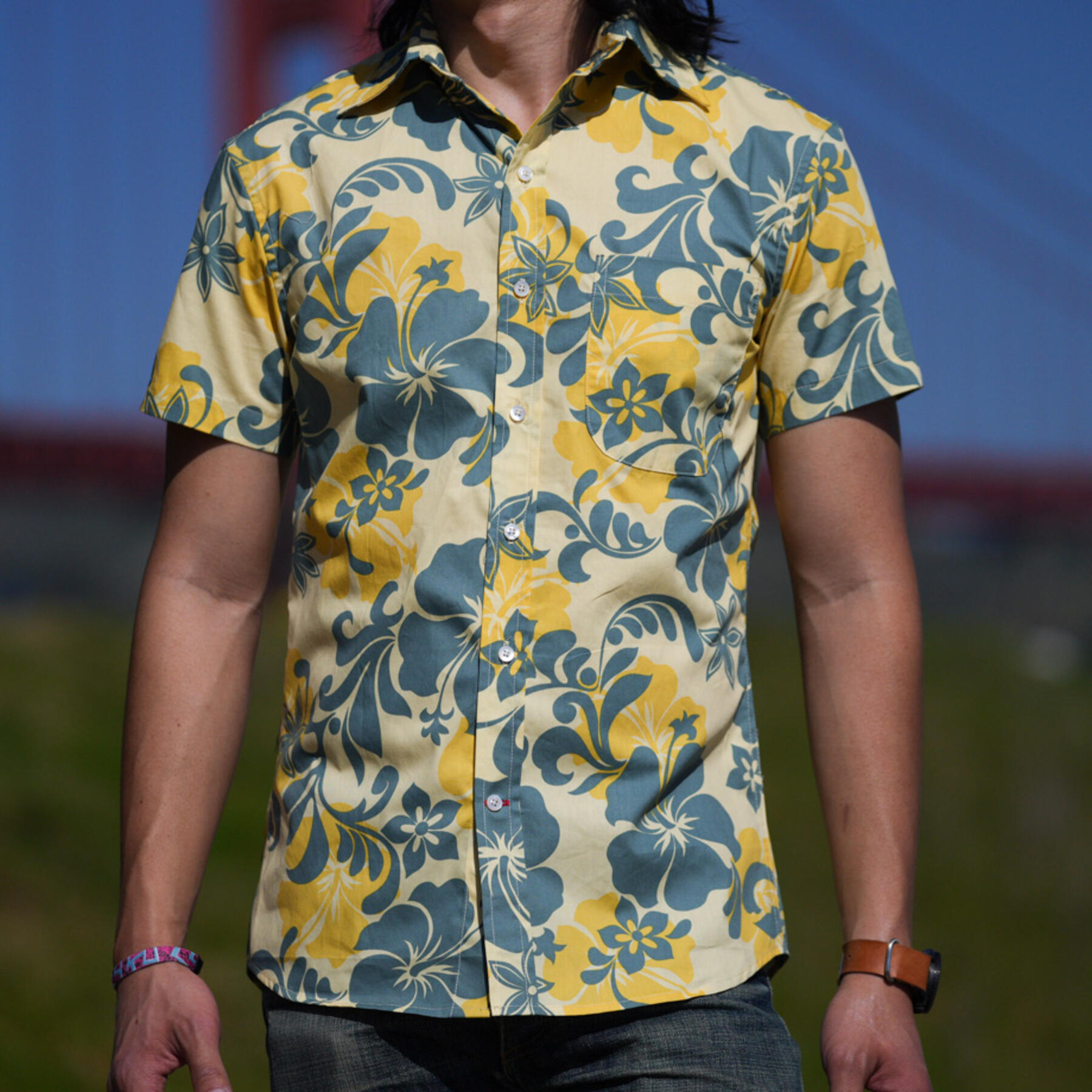 gustin #759 army mustard floral short sleeve shirt