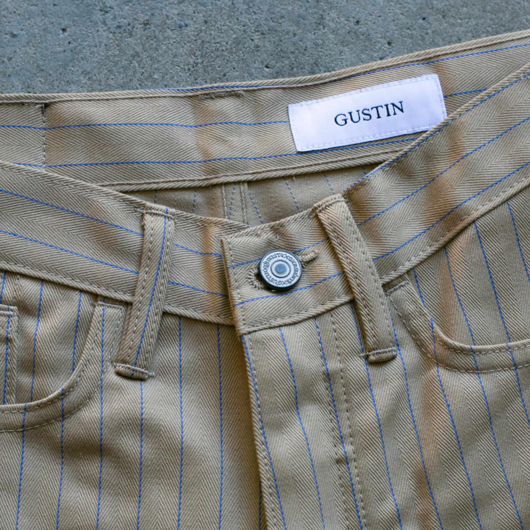 gustin #105 japan pinstripe herringbone 5 pocket - khaki