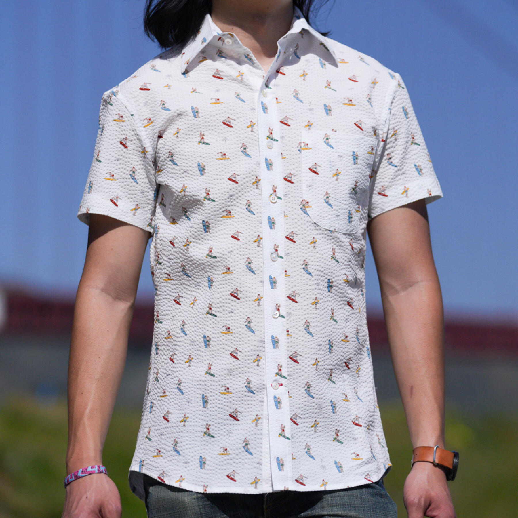 gustin #767 seersucker surfer short sleeve shirt - white