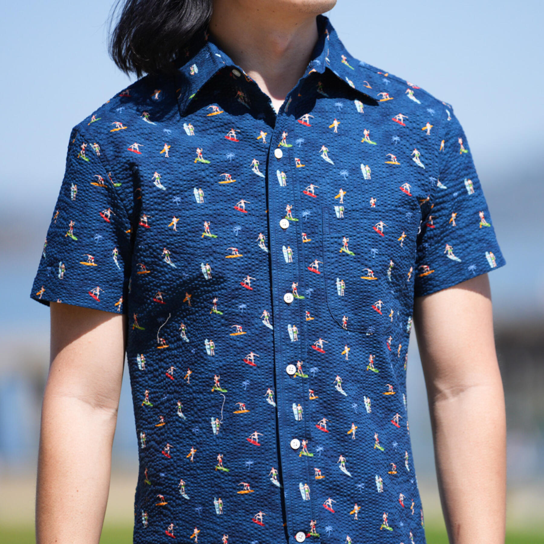 gustin #766 seersucker surfer short sleeve shirt - navy