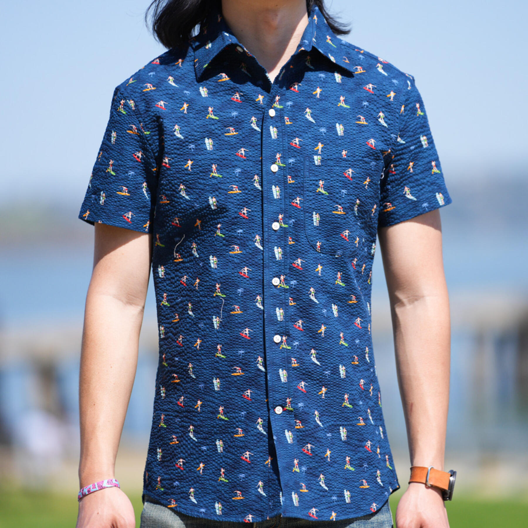 gustin #766 seersucker surfer short sleeve shirt - navy