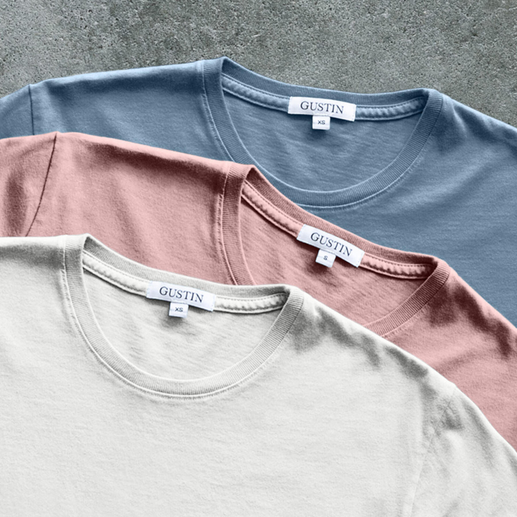 gustin pima cotton pigment dye t-shirt 3 pack (faded rose, oatmeal, ocean)