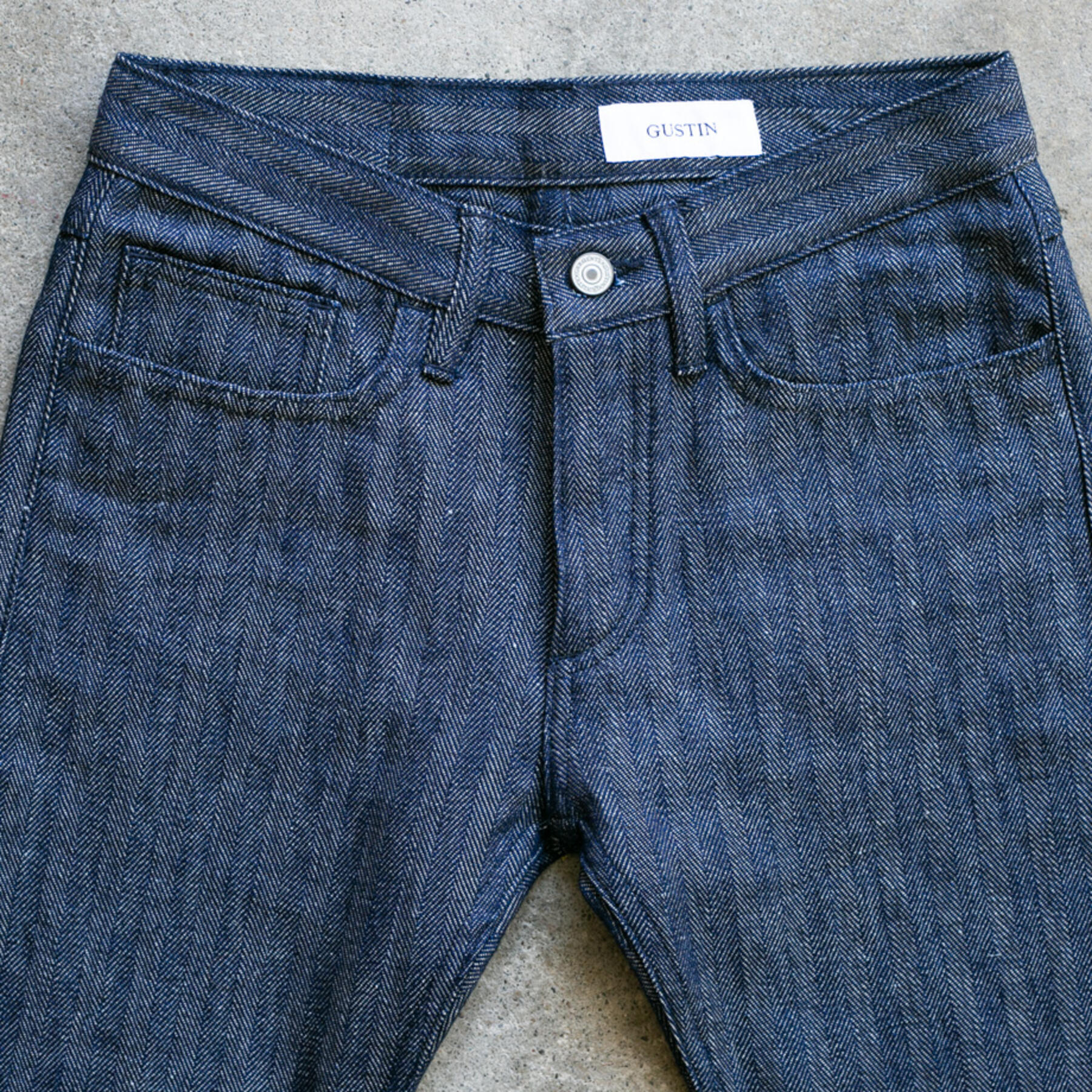 gustin #108 loose weave indigo linen herringbone 5 pocket