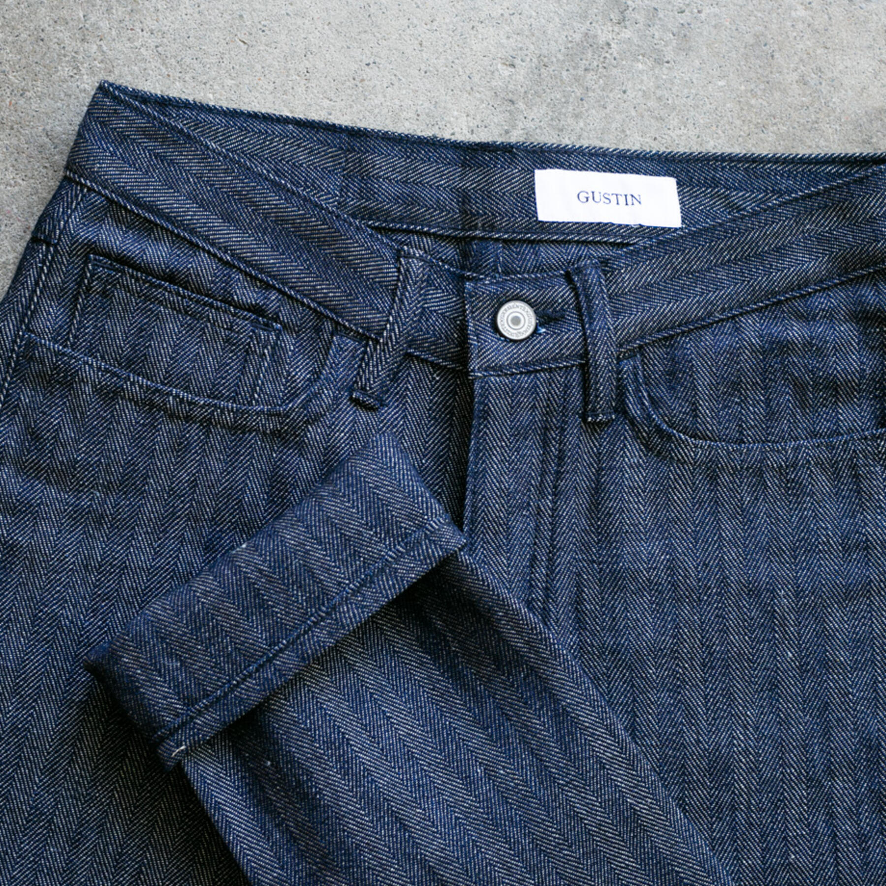 gustin #108 loose weave indigo linen herringbone 5 pocket