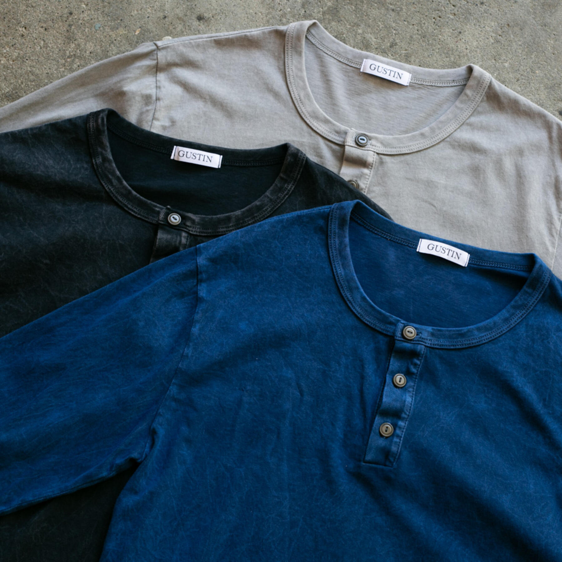 gustin mineral wash henley 3 pack (black, blue, stone)