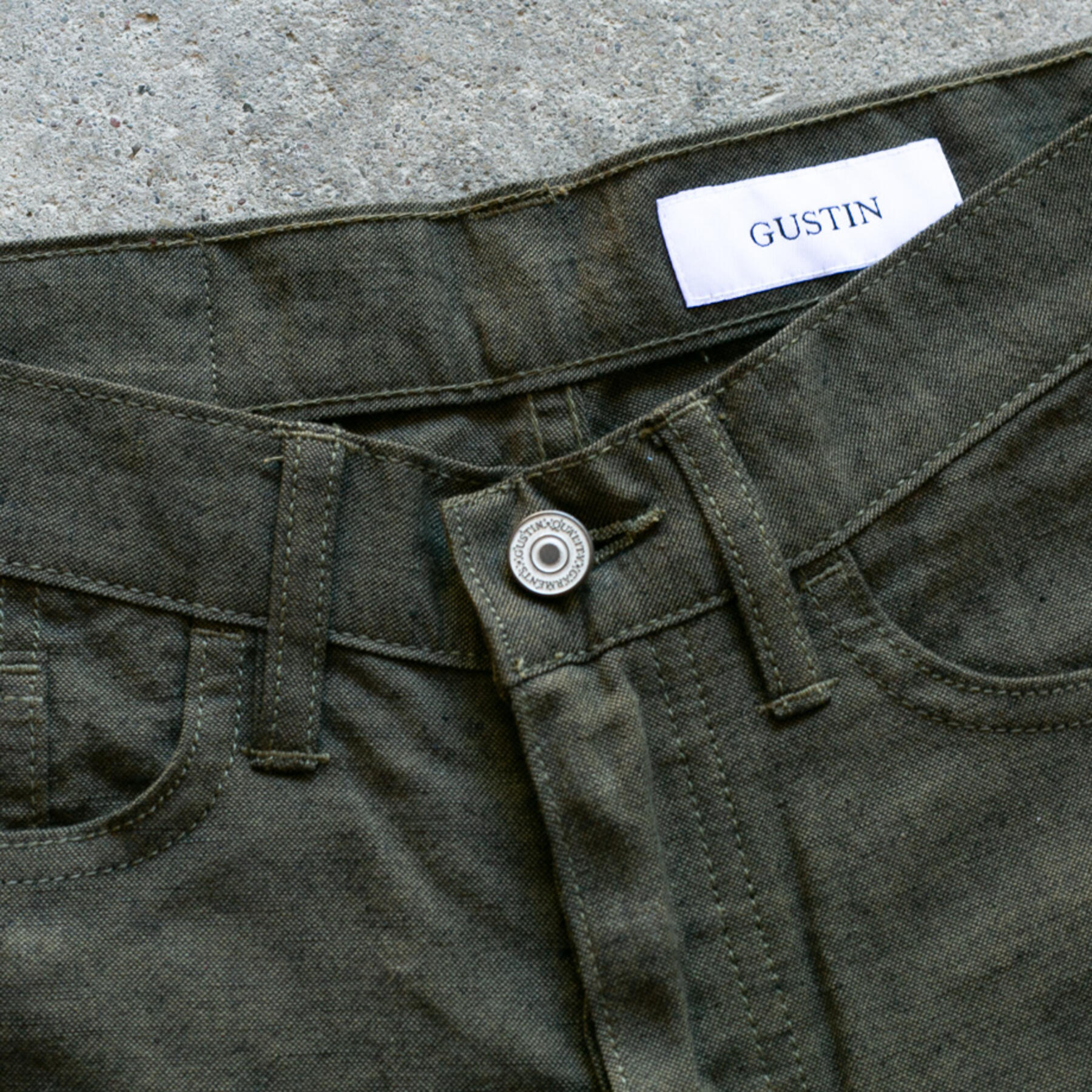 gustin #121 japan brushed linen chambray 5 pocket - olivexblack