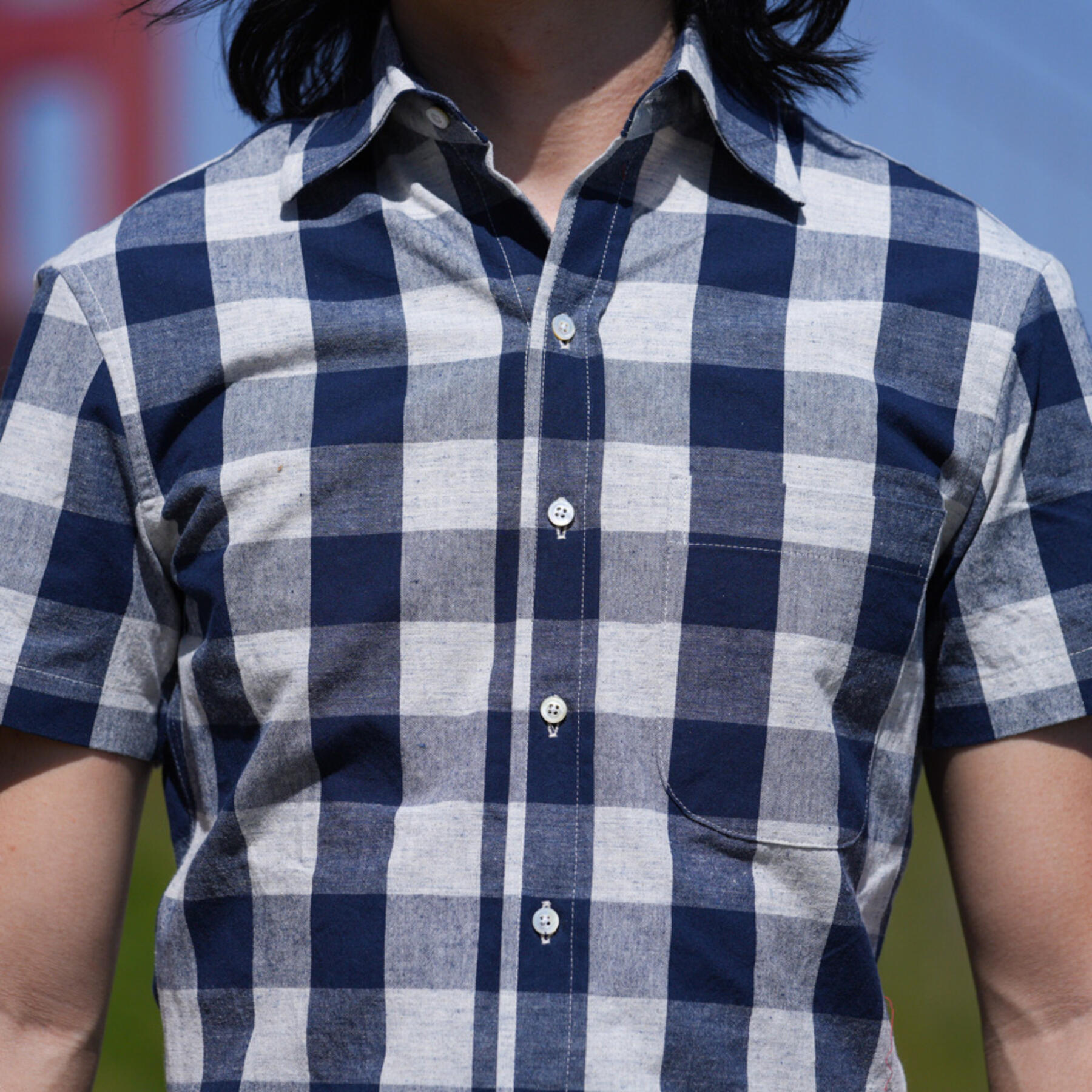 gustin #846 bluexwhite flax big check short sleeve