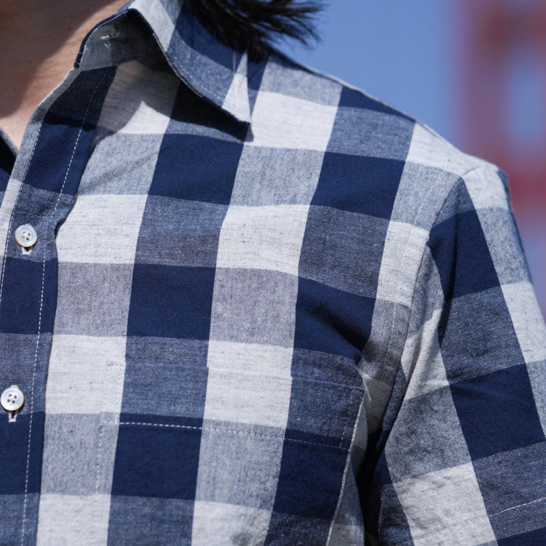 gustin #846 bluexwhite flax big check short sleeve