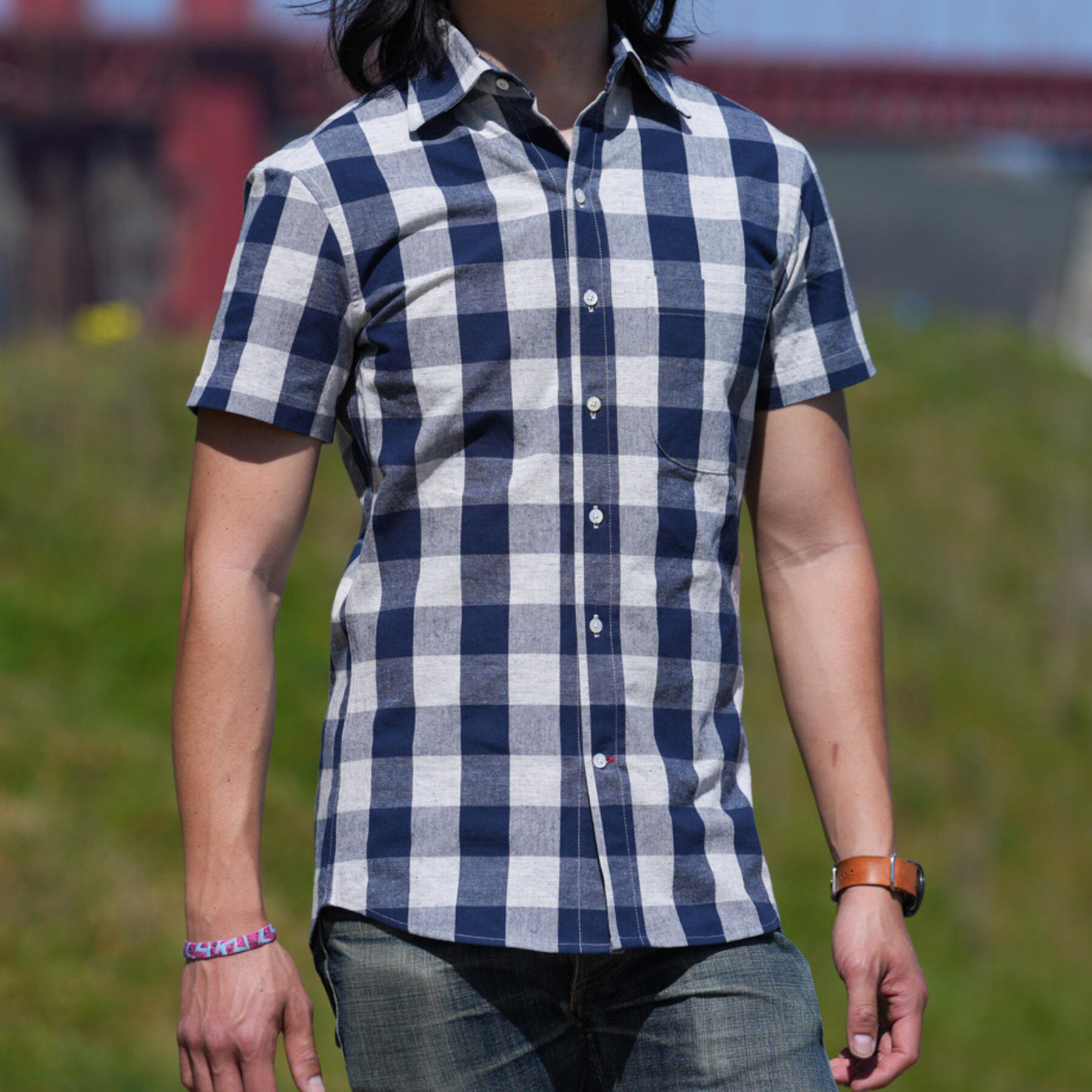 gustin #846 bluexwhite flax big check short sleeve