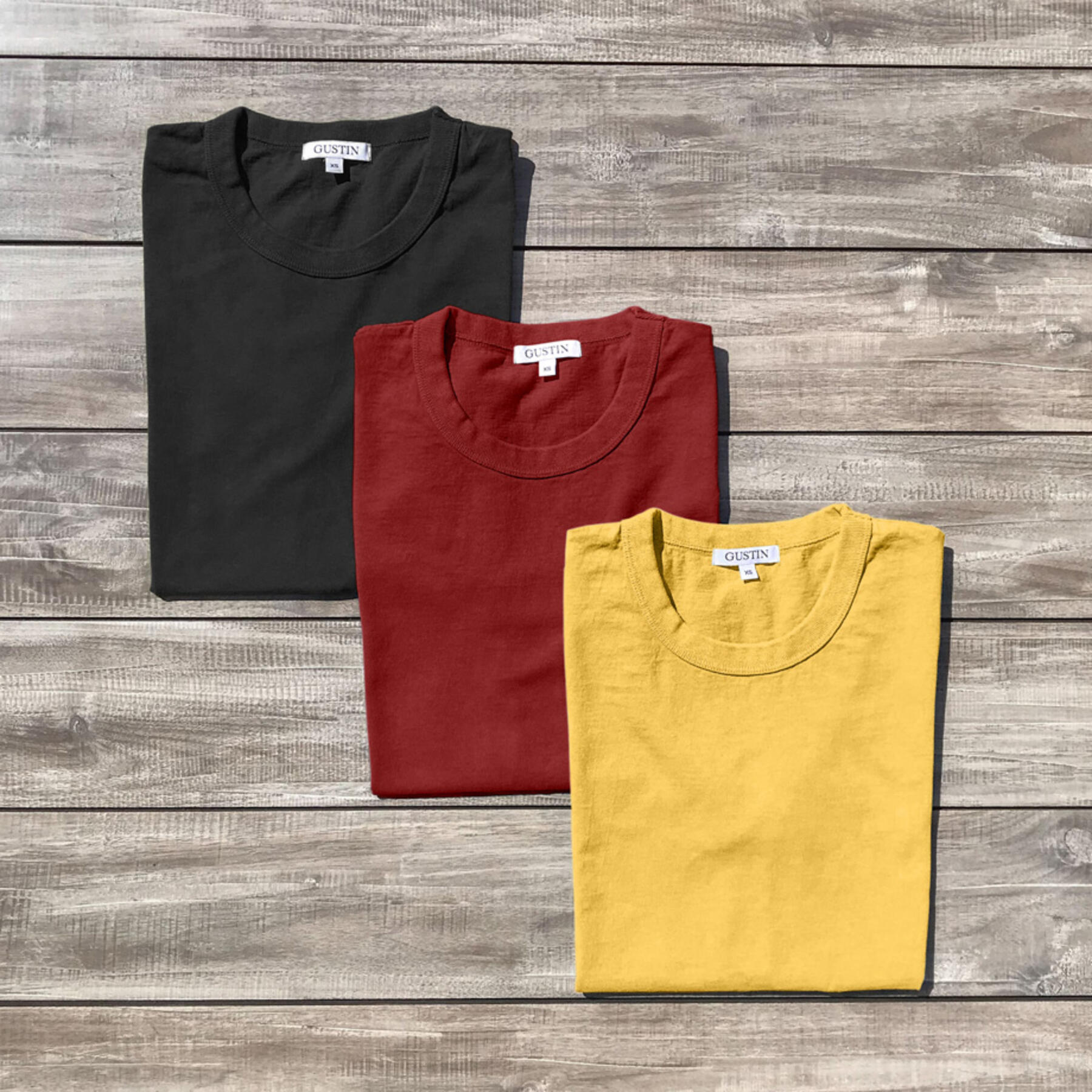 gustin heavyweight t-shirt 3 pack (black, deep red, yellow gold)