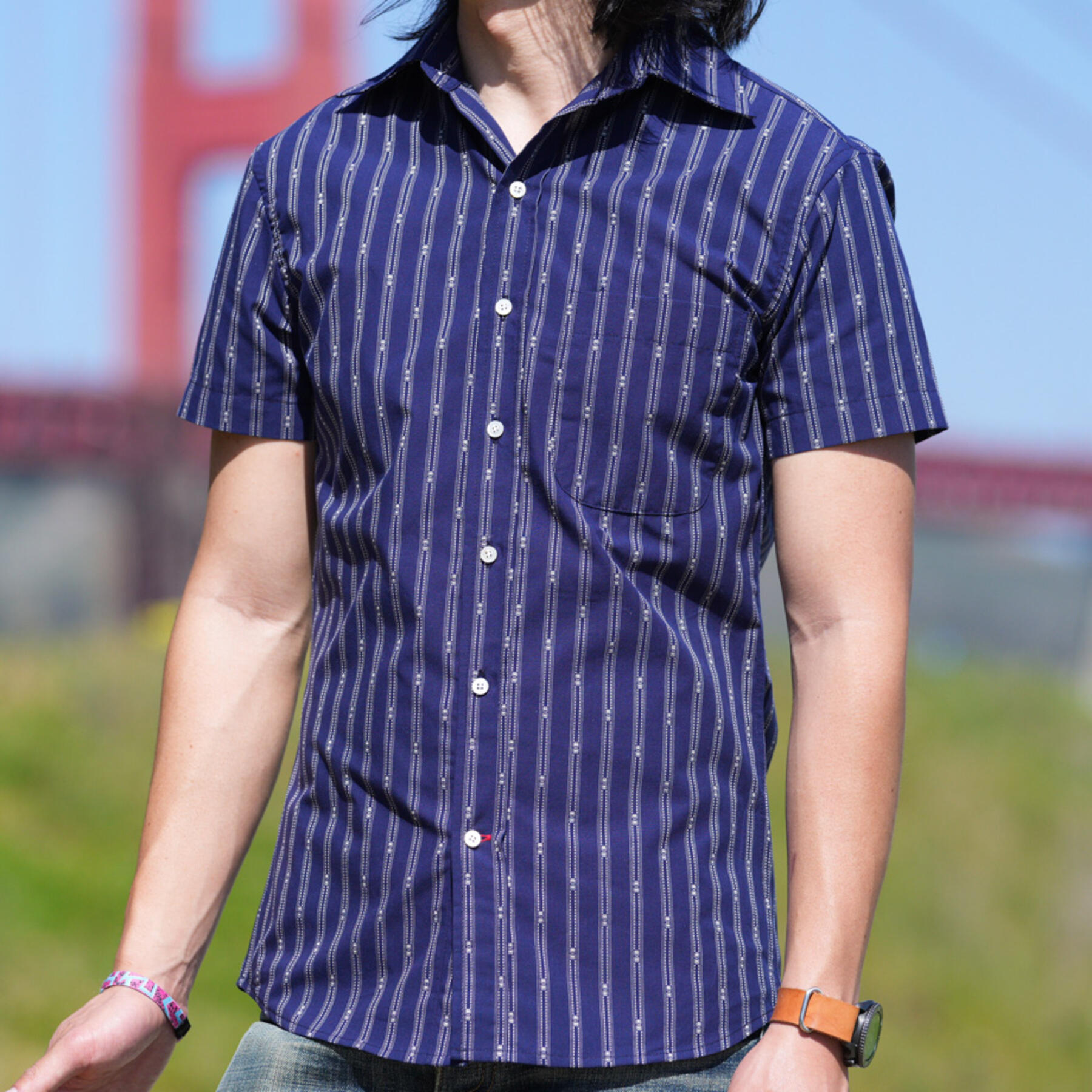 gustin #851 vintage jacquard stripe short sleeve shirt - navy