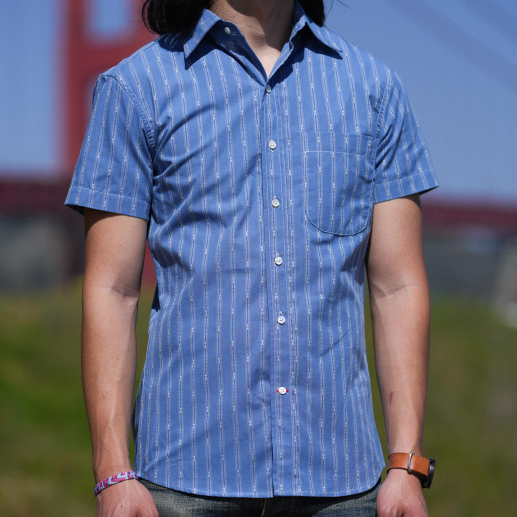 gustin #852 vintage jacquard stripe short sleeve shirt - sky