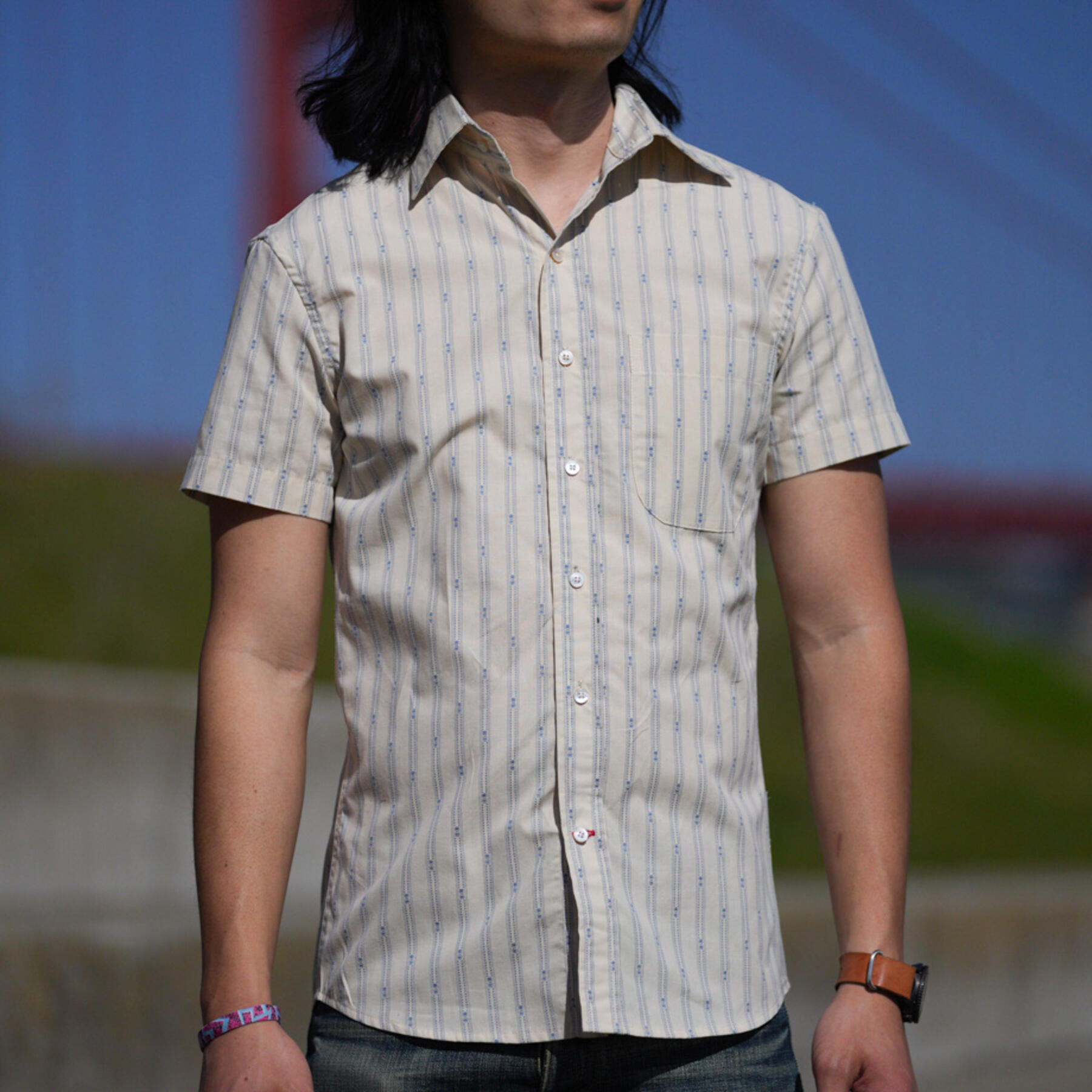 gustin #853 vintage jacquard stripe short sleeve shirt - natural