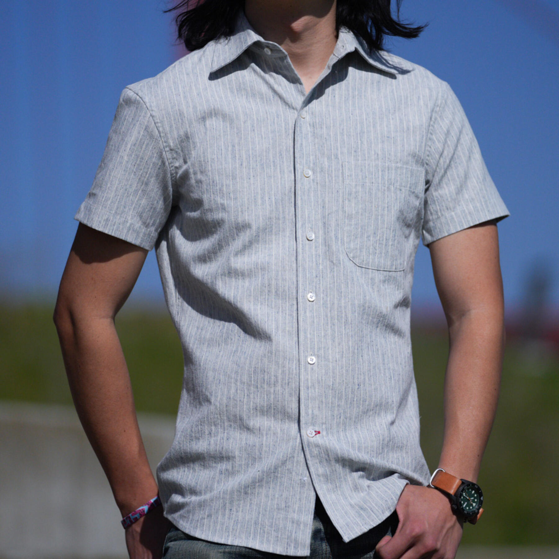 gustin #855 japan heather flax fade short sleeve shirt - blue