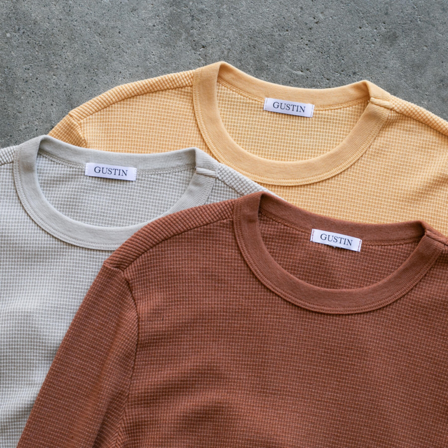 gustin fall colors waffle crewneck 3 pack (orange rust, pale yellow, grey cream)