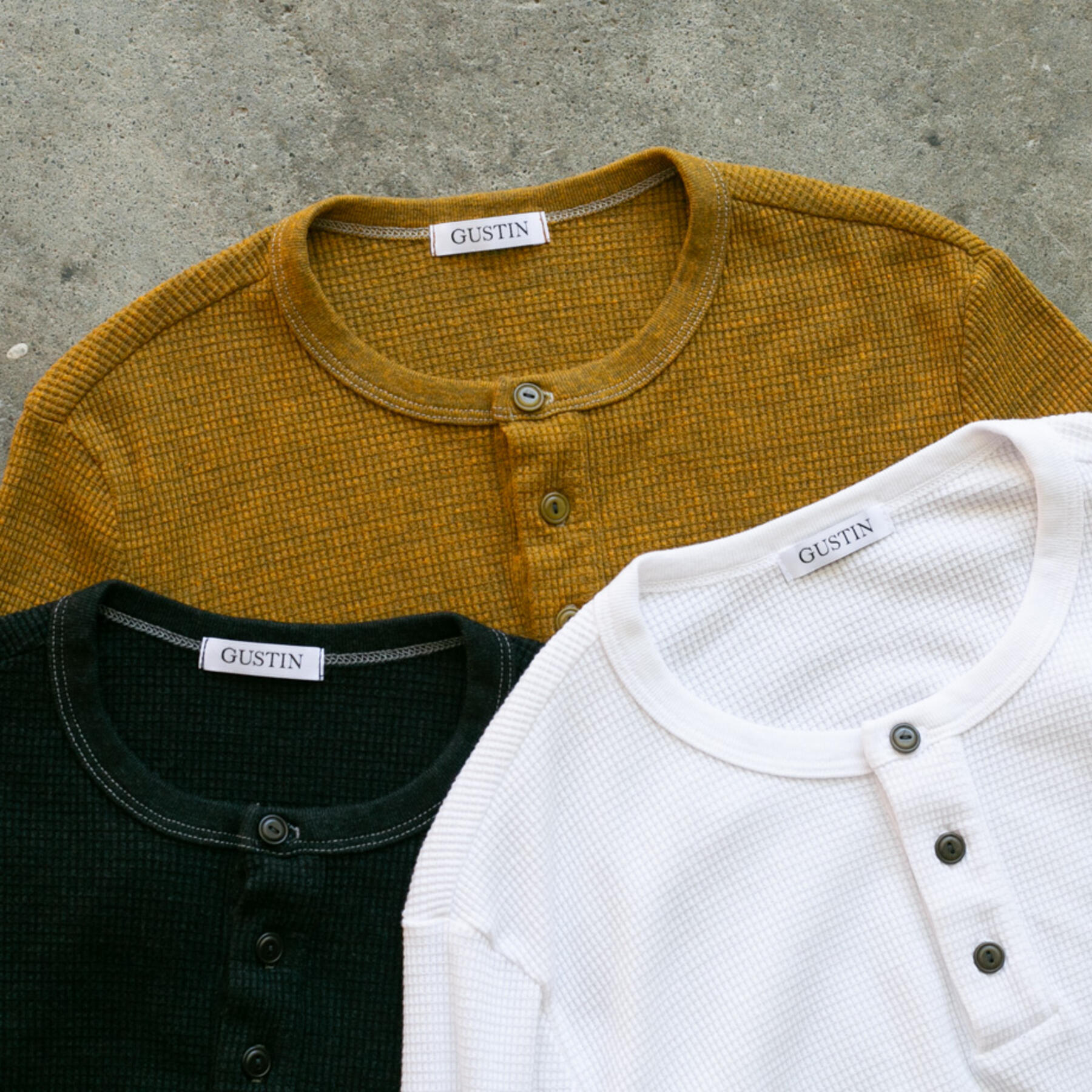 gustin waffle henley 3 pack (saffron, black, white)