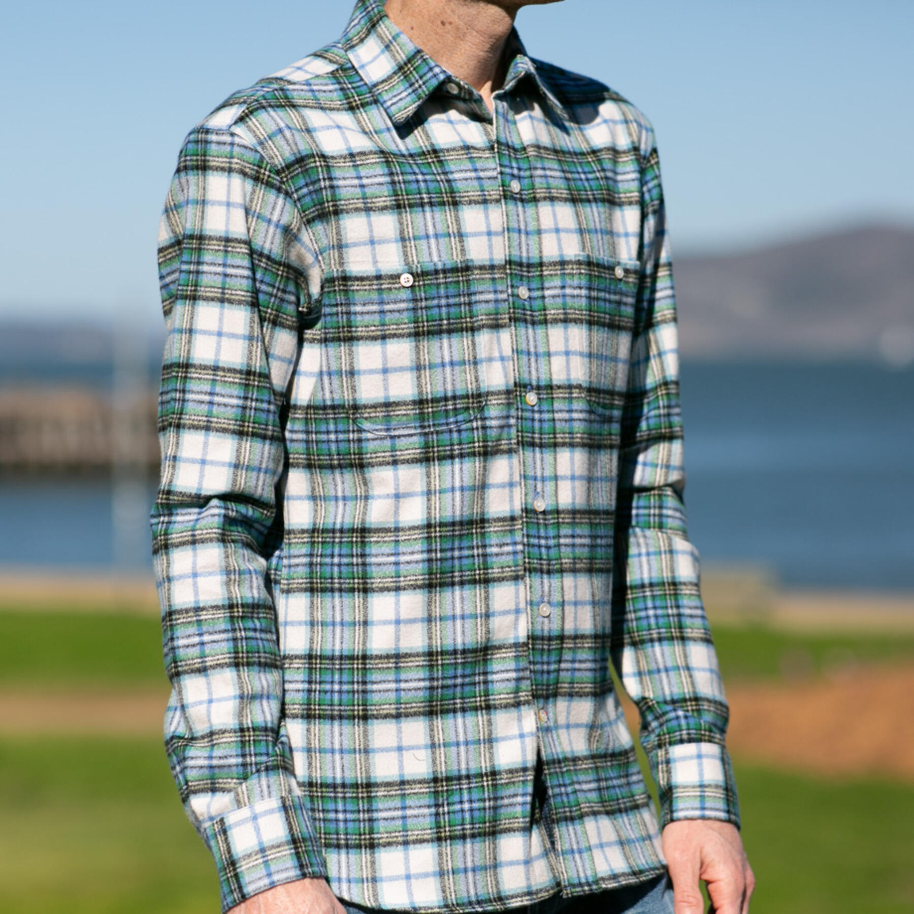 gustin #877 retro melange plaid flannel - blue green