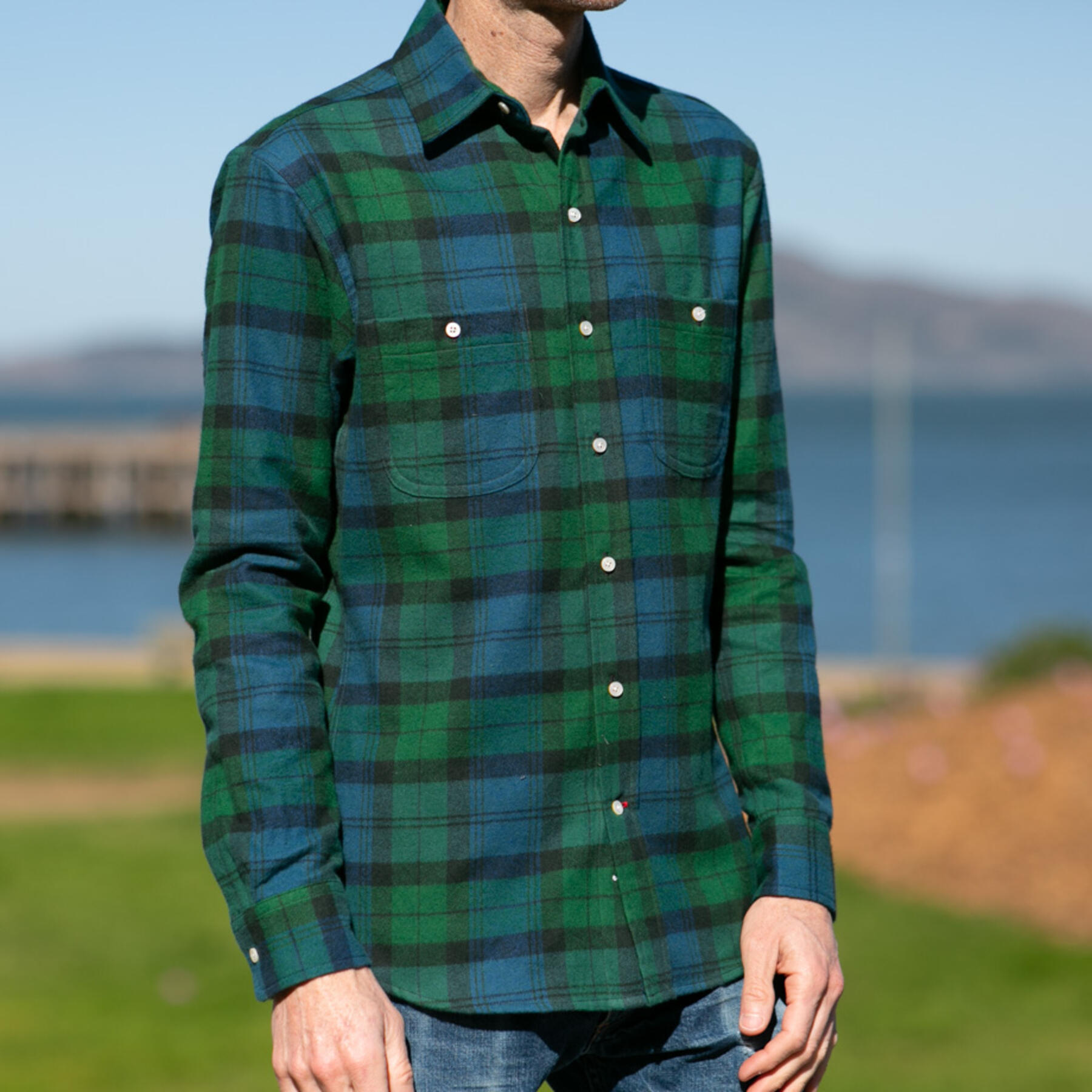 gustin #889 retro melange plaid flannel - blue green