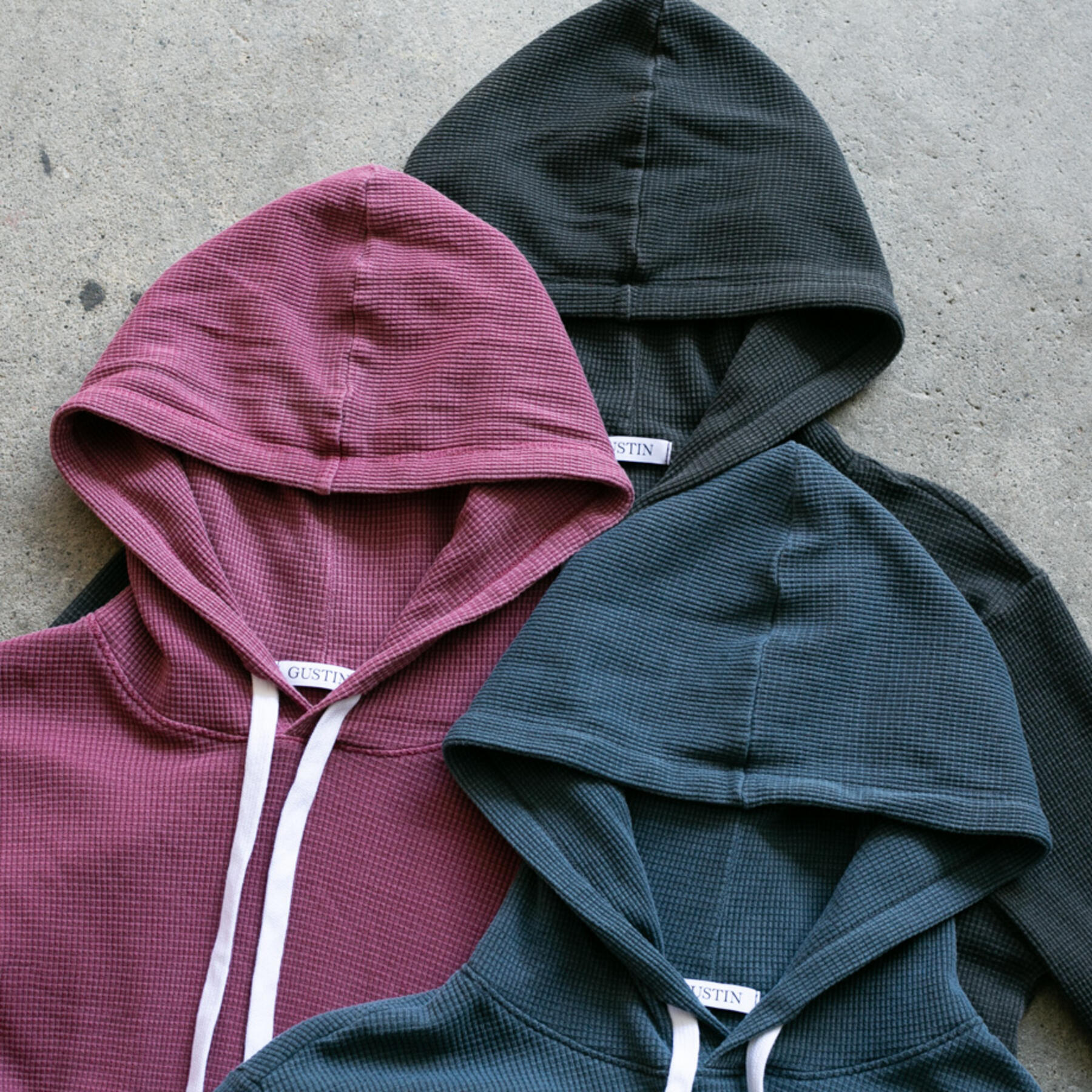 gustin pigment dye waffle pullover 3 pack (carbon, red, navy)