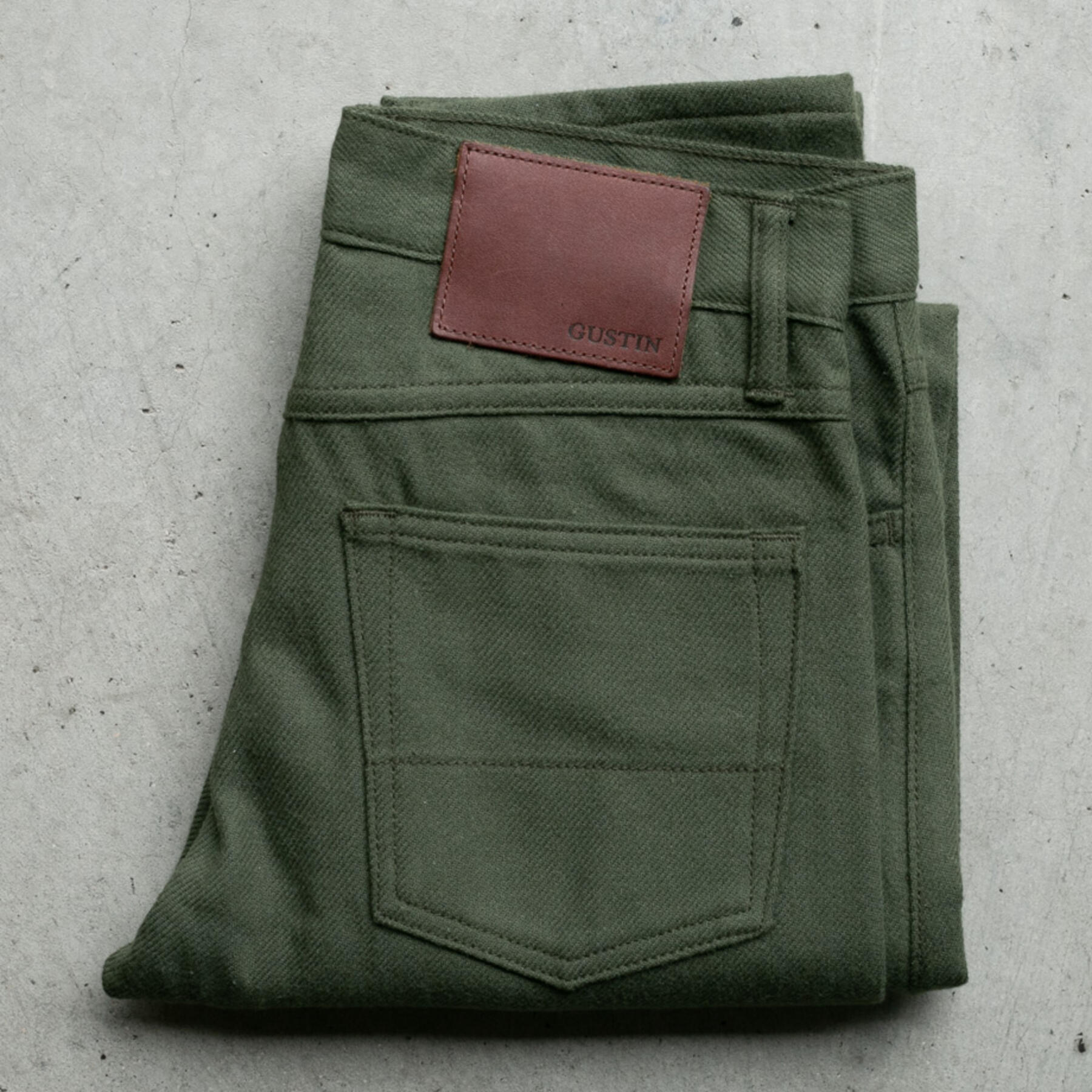 gustin #188 organic double brushed 5 pocket - olive