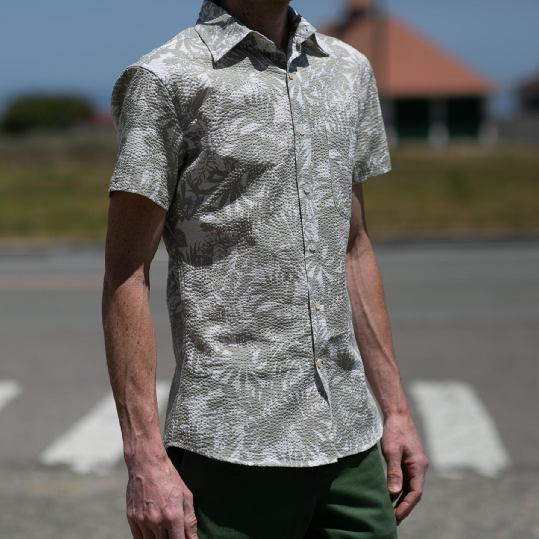 gustin #961 seersucker jungle short sleeve shirt - olivexwhite