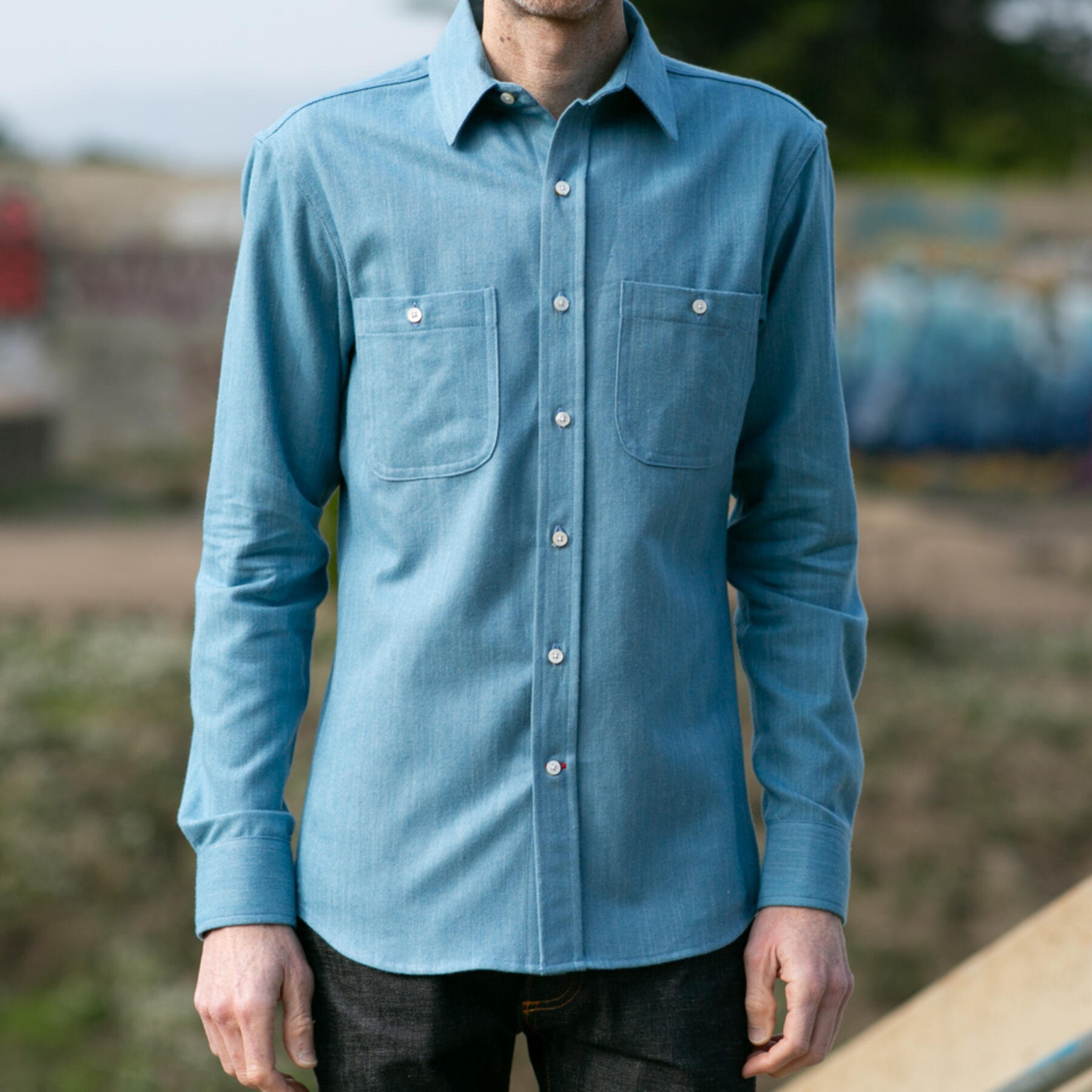 gustin #1072 slub twill shirt - sky