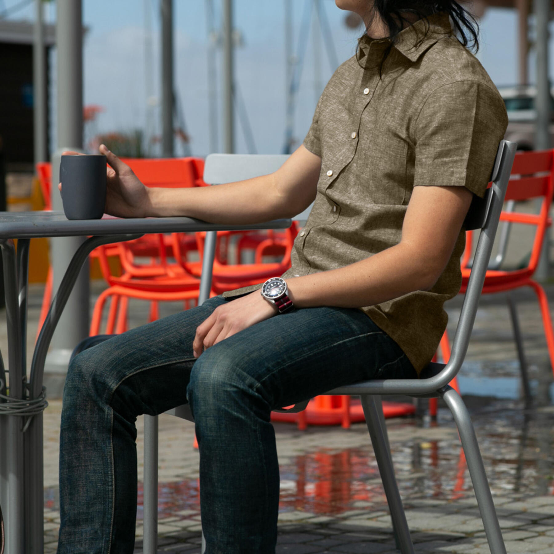 gustin #1001 olive linen chambray short sleeve shirt