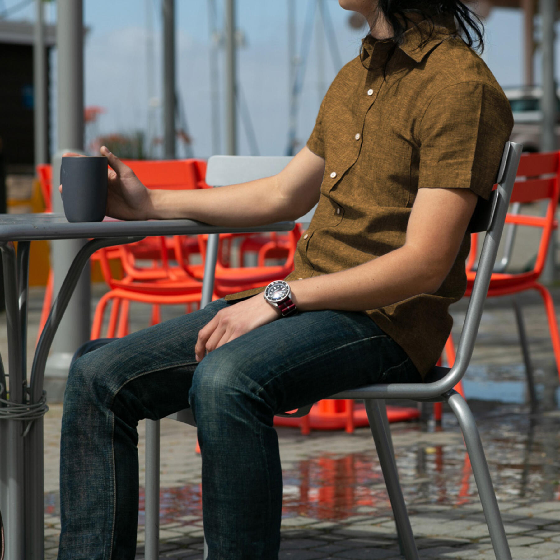gustin #1002 brown rust linen chambray short sleeve shirt