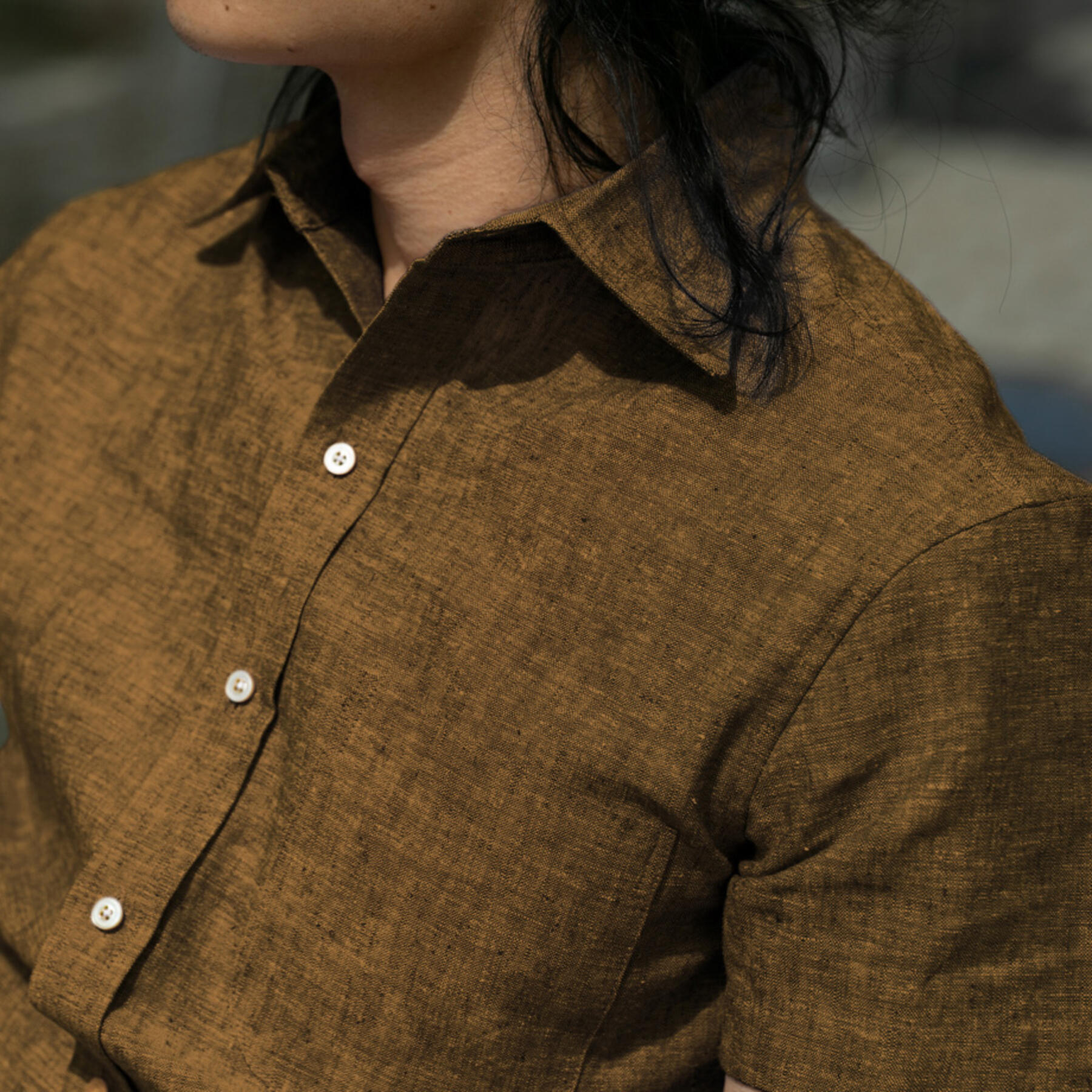 gustin #1002 brown rust linen chambray short sleeve shirt