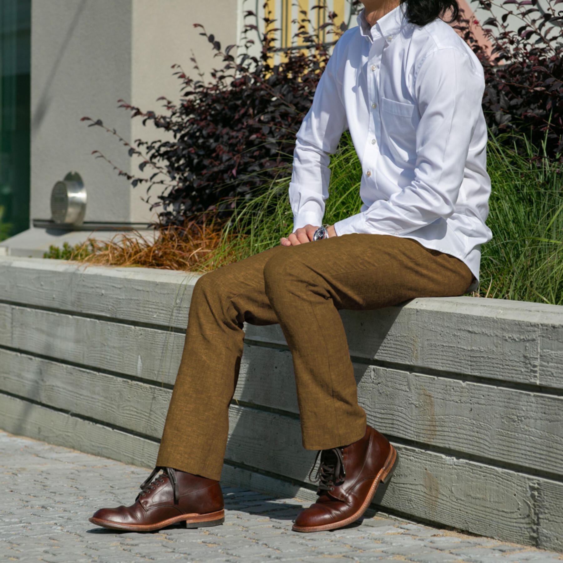gustin #232 brown rust linen chambray chinos